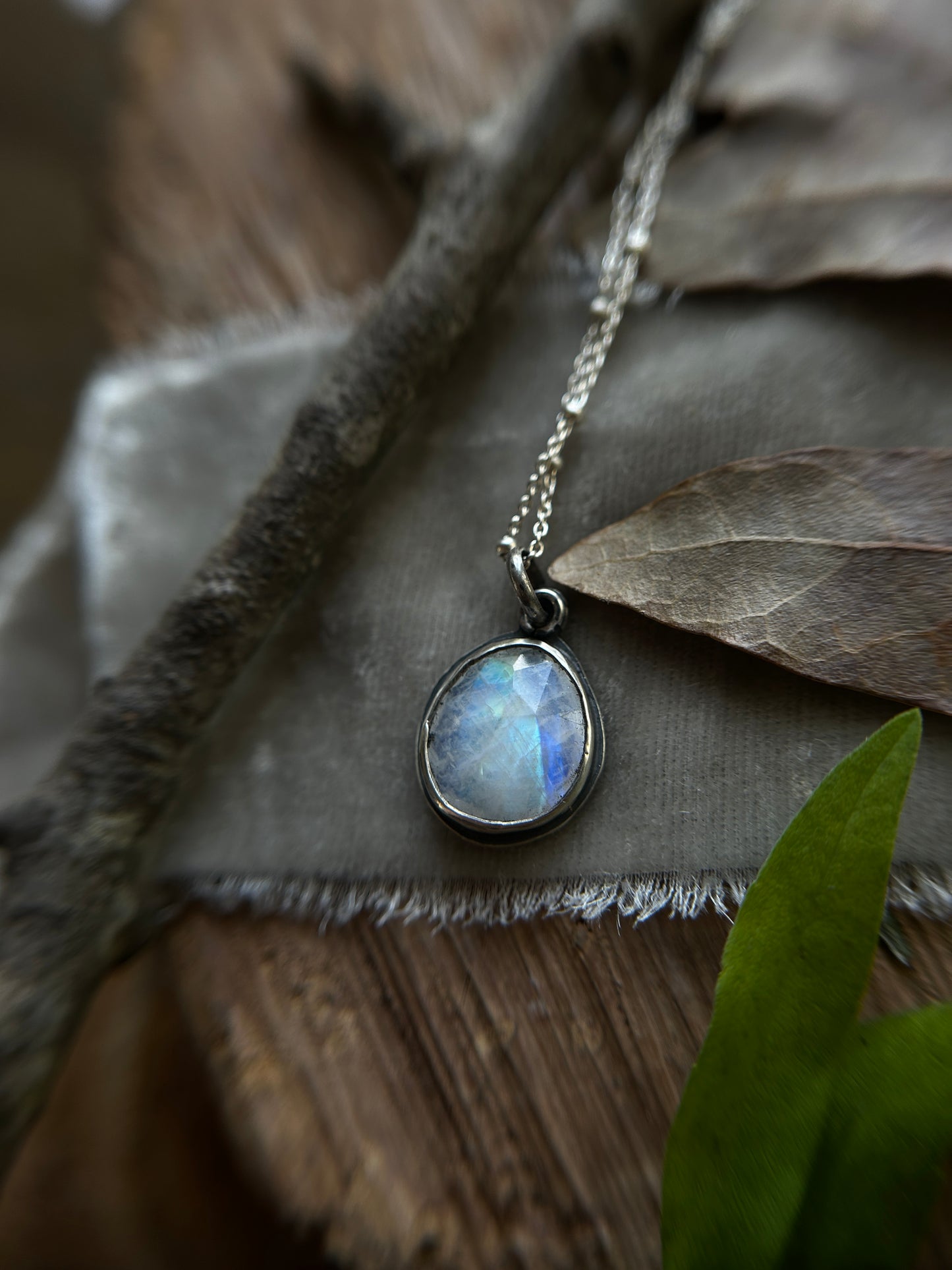 Rainbow moonstone hidden oak & acorn necklace- Sterling silver jewelry