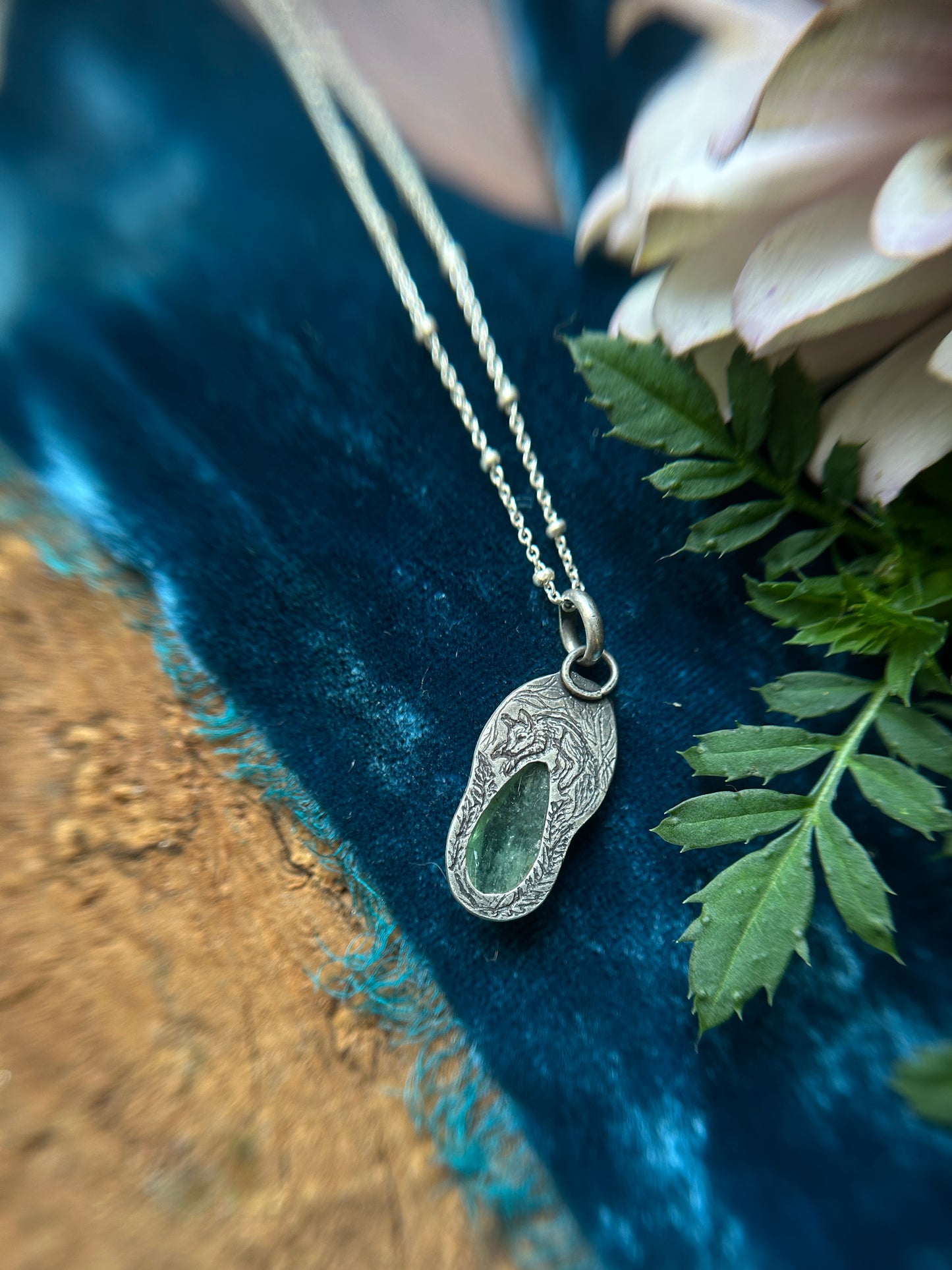 Fern Hollow with Green Kyanite and hidden fox Necklace- sterling silver jewelry