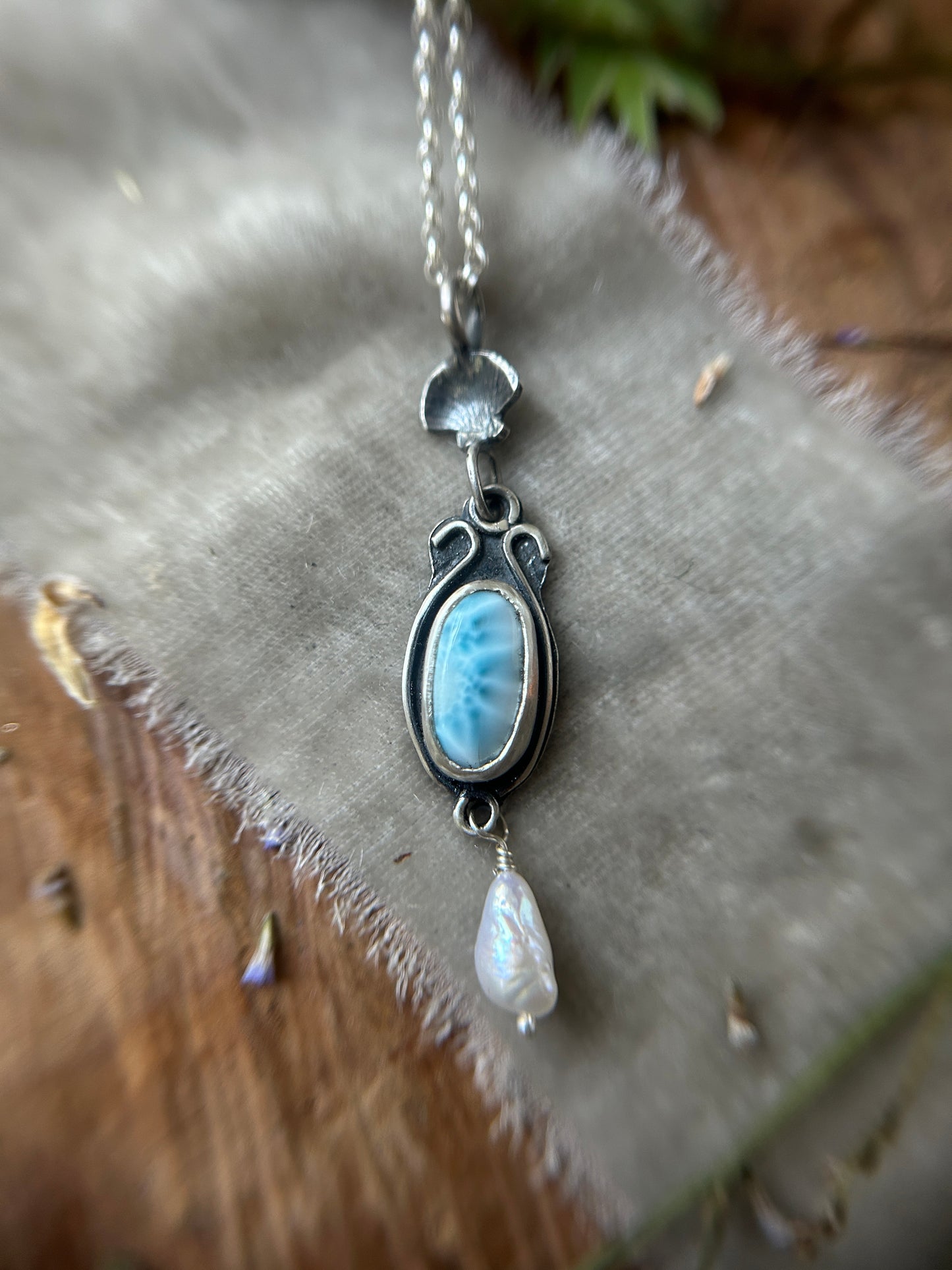 Larimar and Pearl Necklace with sailing ship- sterling silver jewelry