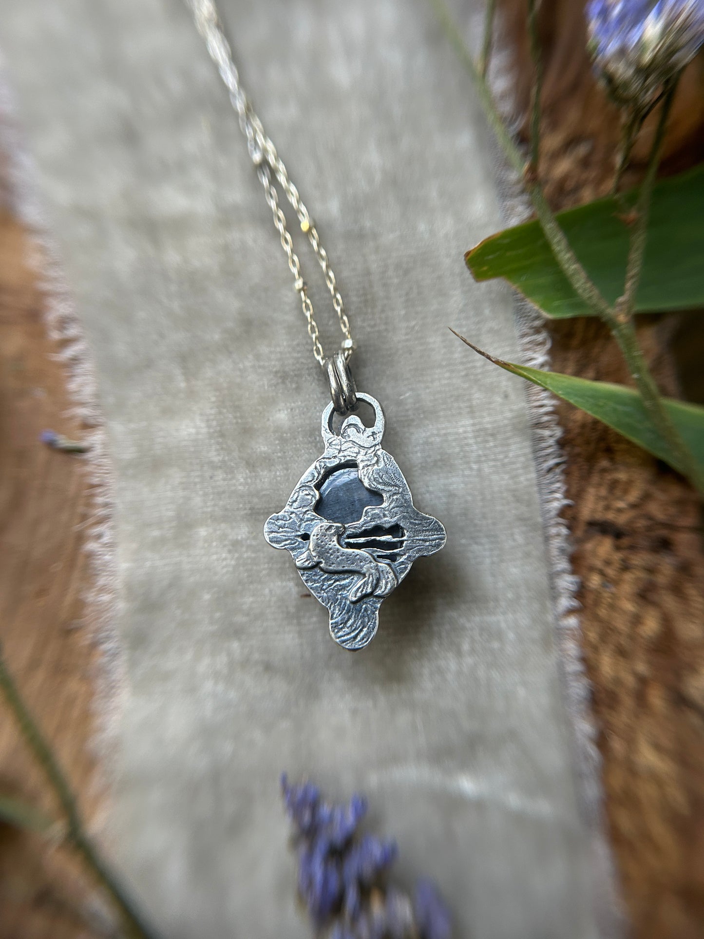 Grey Moonstone with stormy seas selkie back and labradorite necklace- sterling silver jewelry
