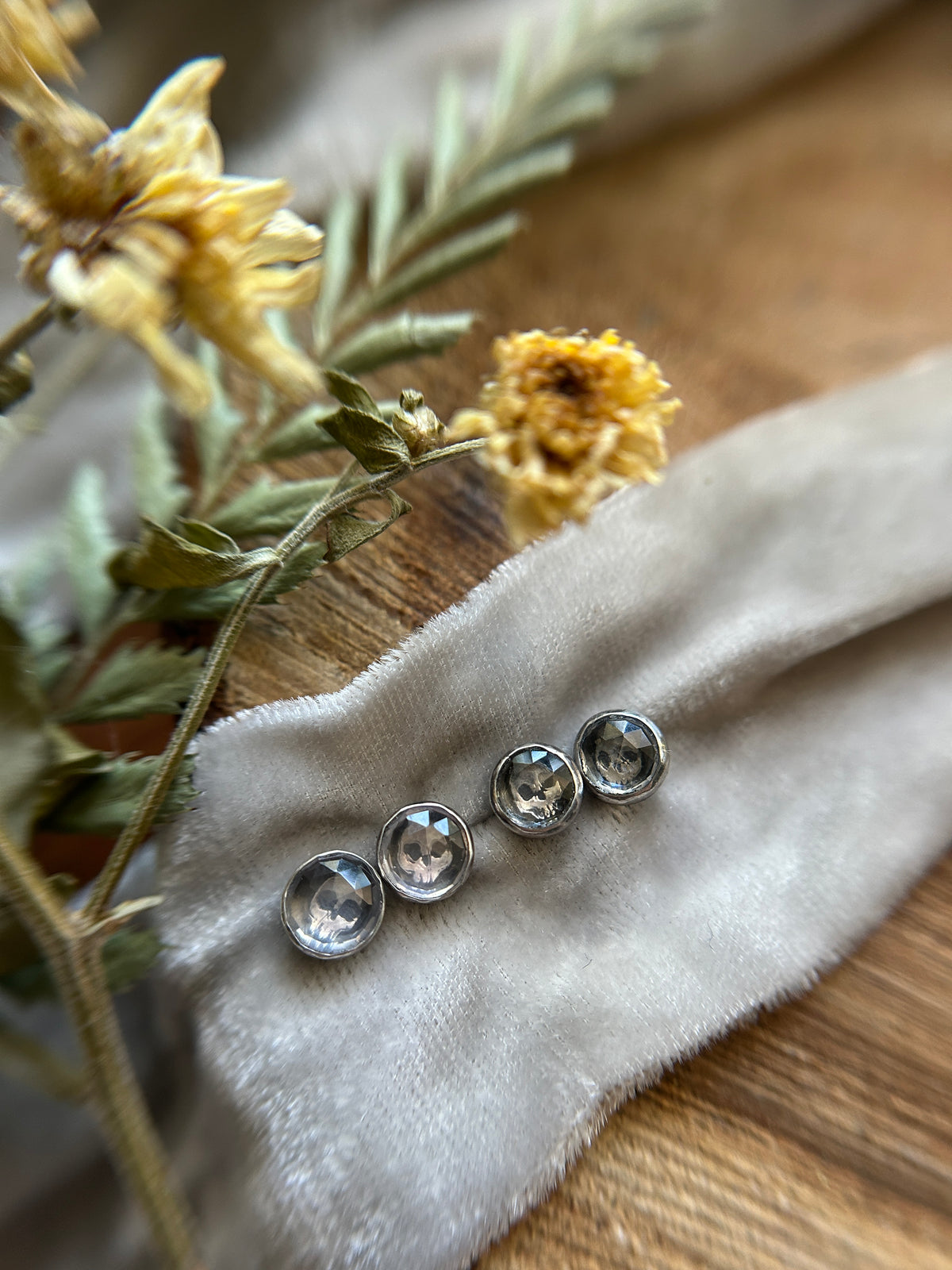 Tiny Quartz Skull Stud Earrings Sterling silver jewelry- made to order