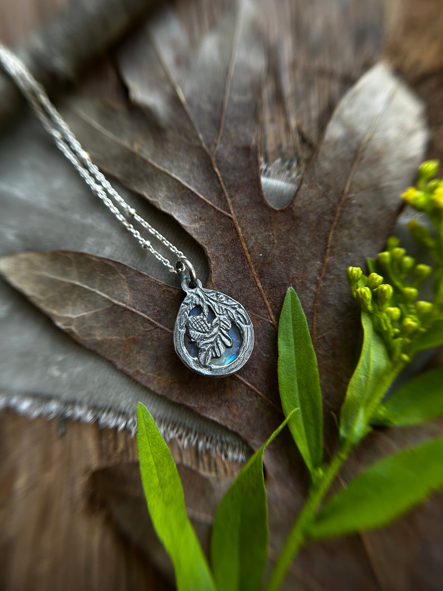Rainbow moonstone hidden oak & acorn necklace- Sterling silver jewelry