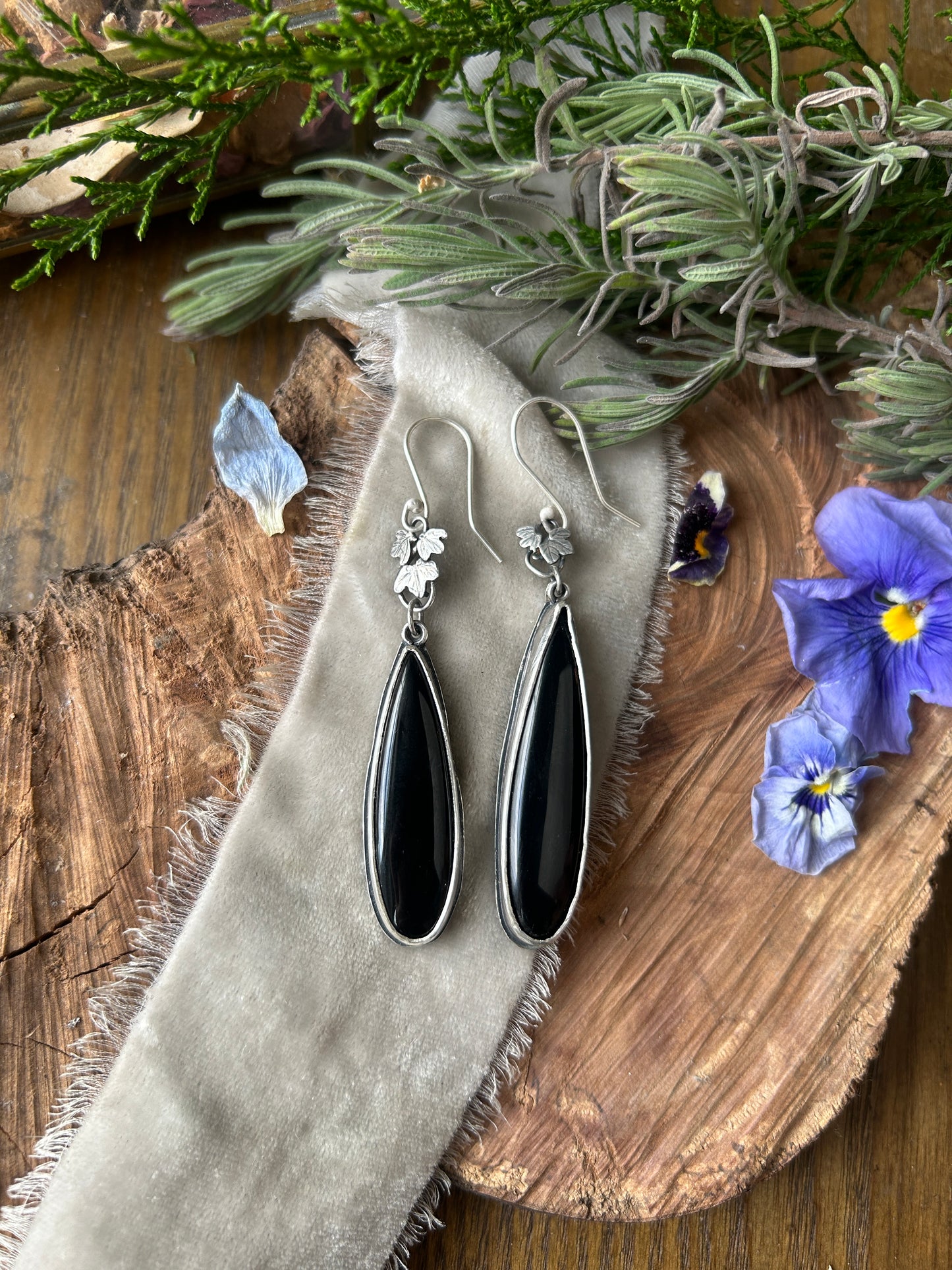 Black Onyx Asymmetrical Ivy Earrings- Sterling Silver Jewelry