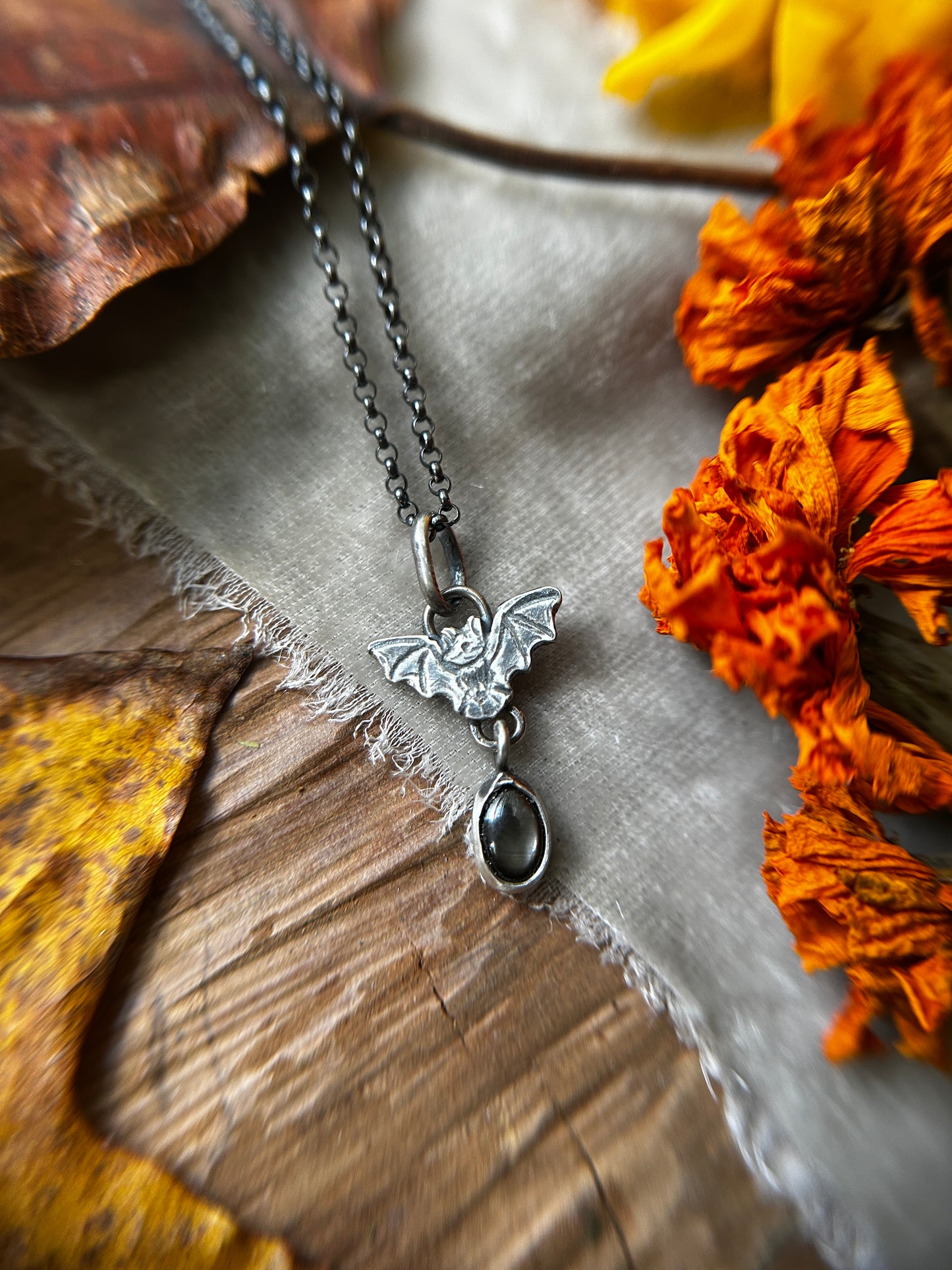 Bat Necklace with star sapphire- sterling silver jewelry- PRE ORDER