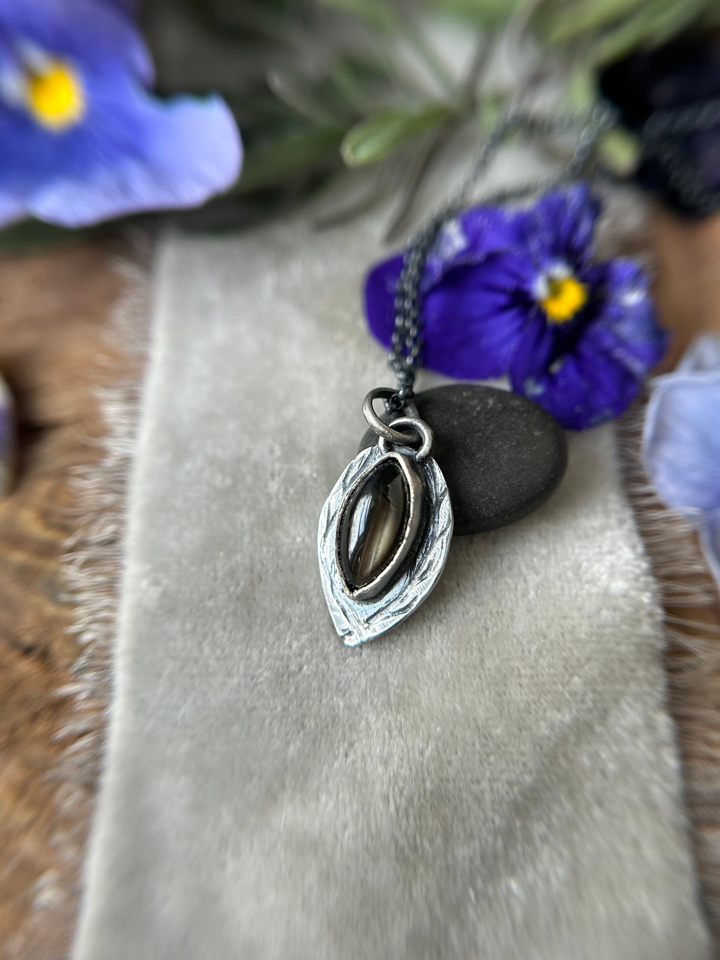 Black Star Sapphire with Woodpecker and Tree Branch Engraved Necklace- sterling silver