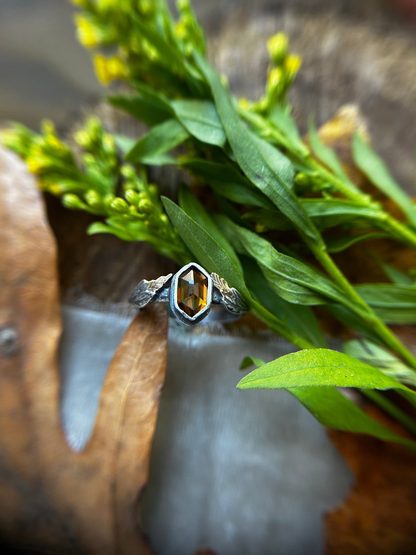 Goldenrod ring- hexagon zircon ring with sterling silver and brass jewelry