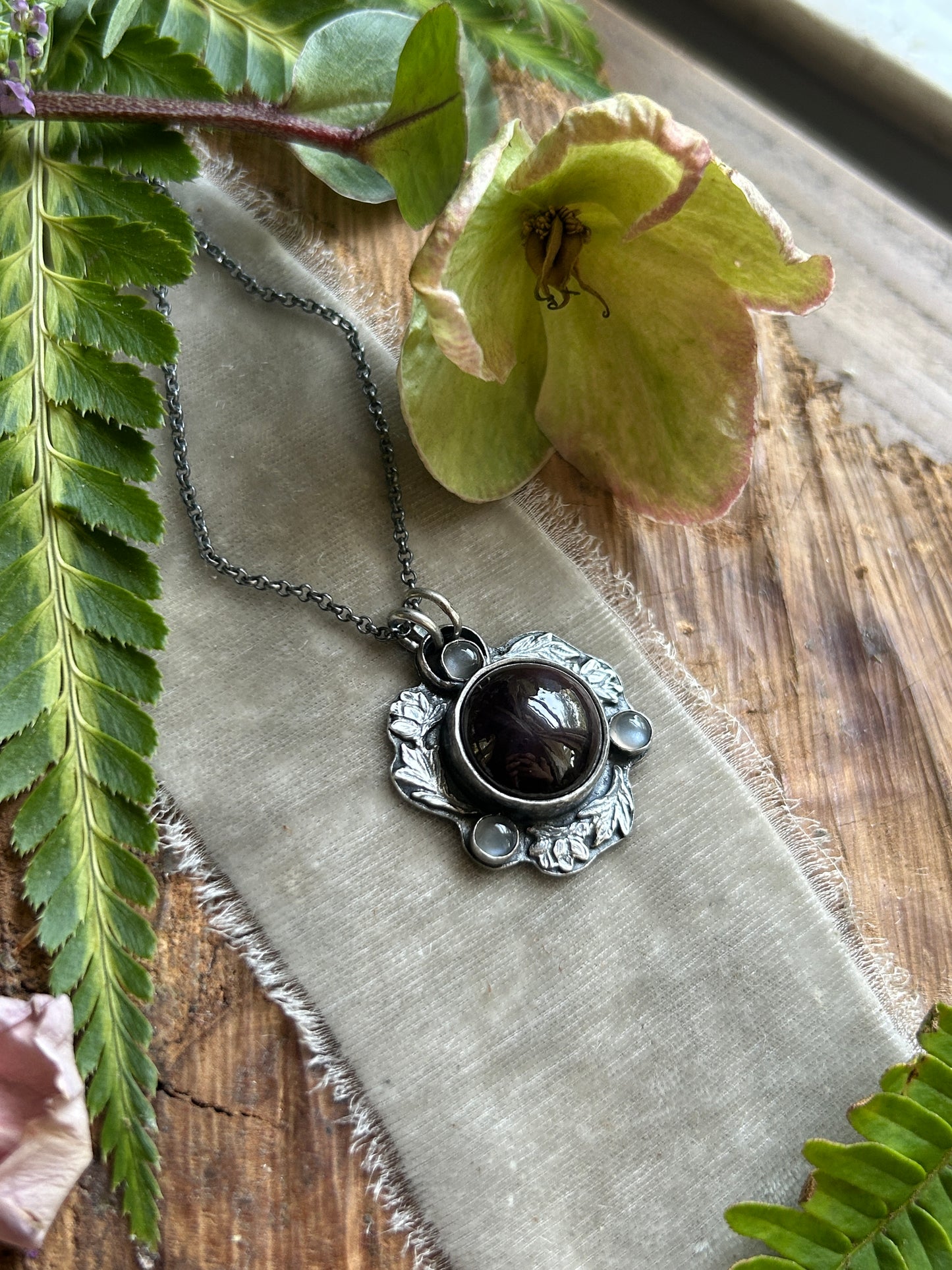 Star garnet and grey moonstone hellebore flower necklace- Sterling silver jewelry