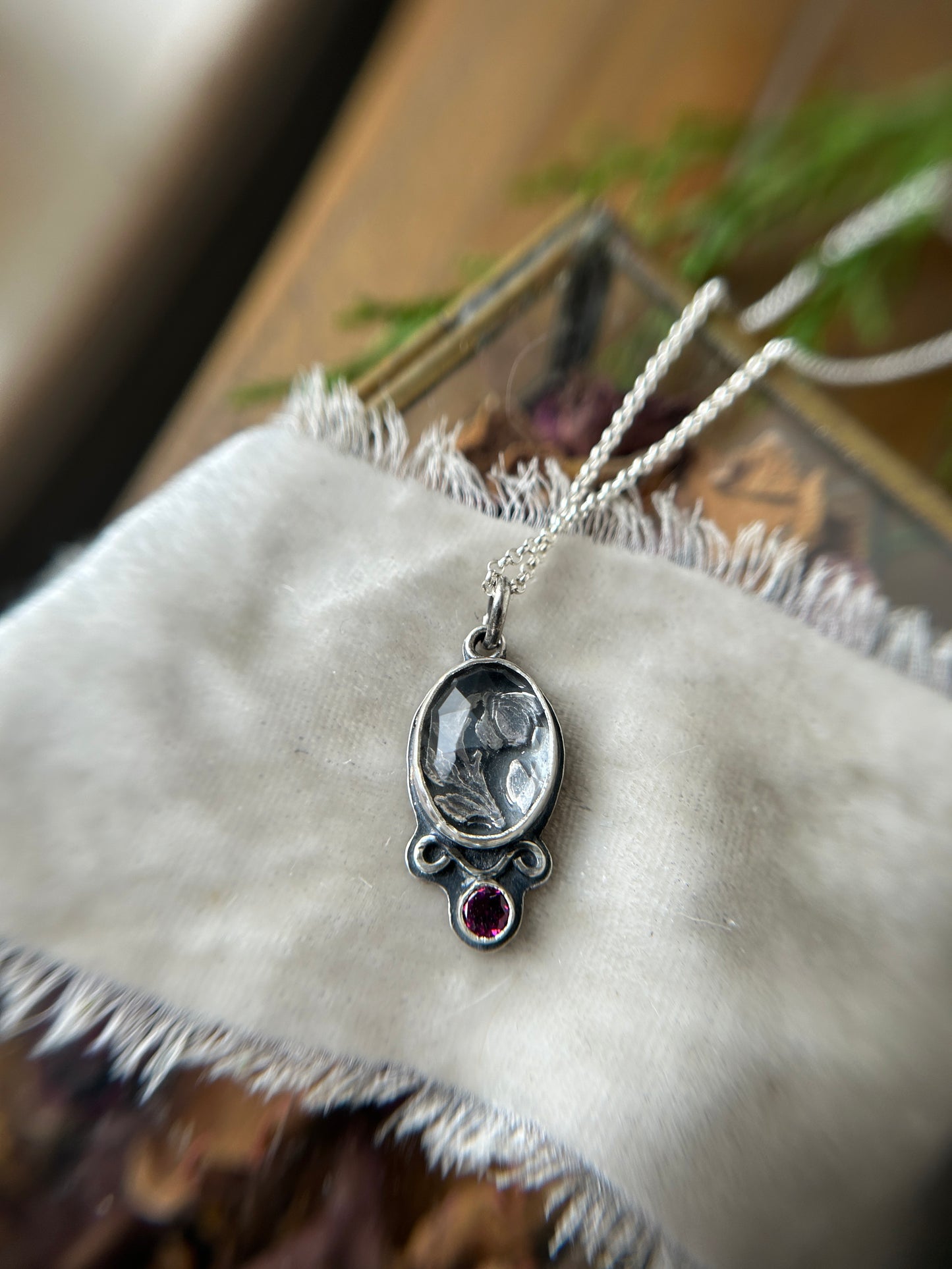 "mini" enchanted rose under quartz with garnet- sterling silver necklace