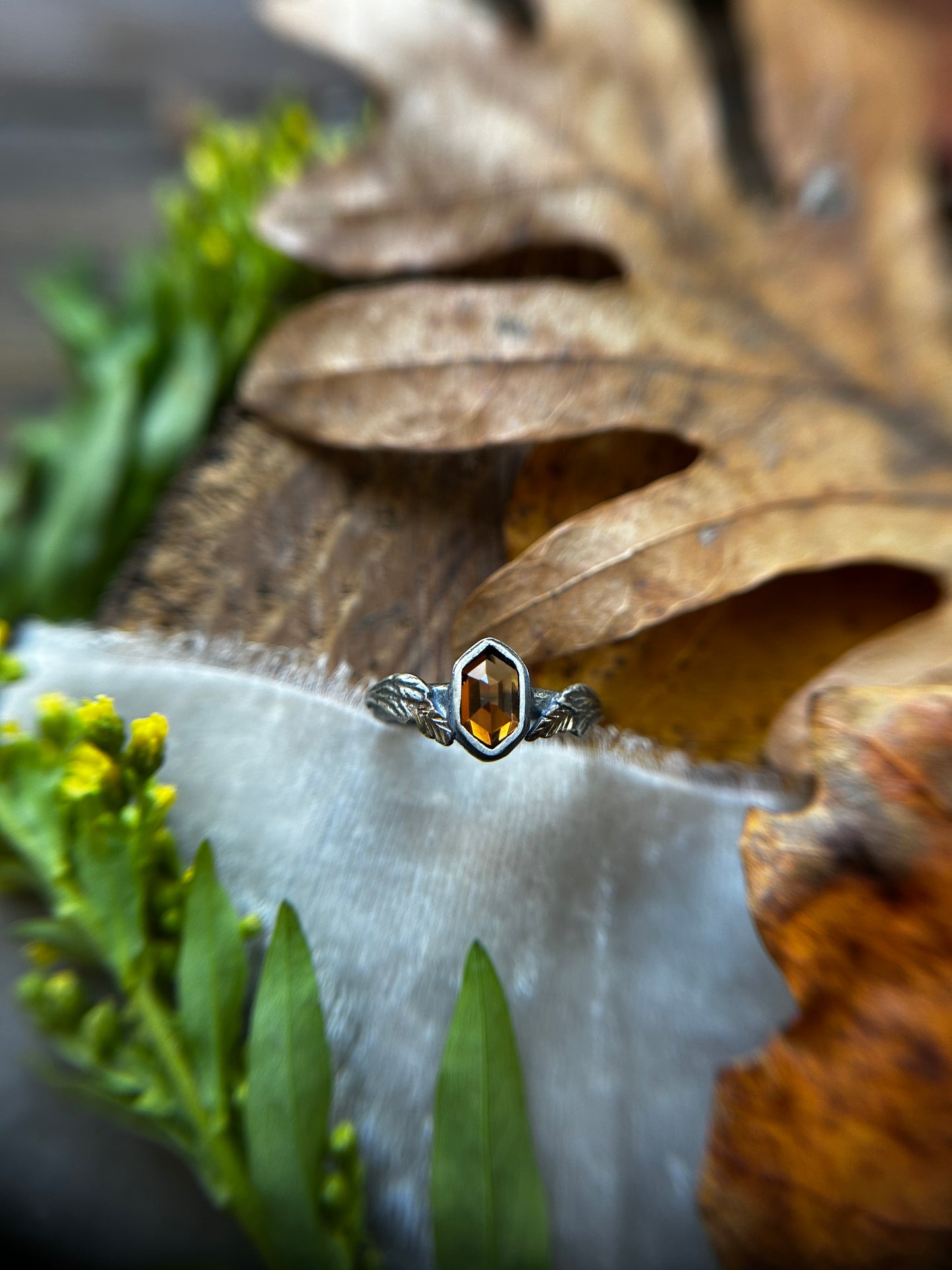 Goldenrod ring- hexagon zircon ring with sterling silver and brass jewelry