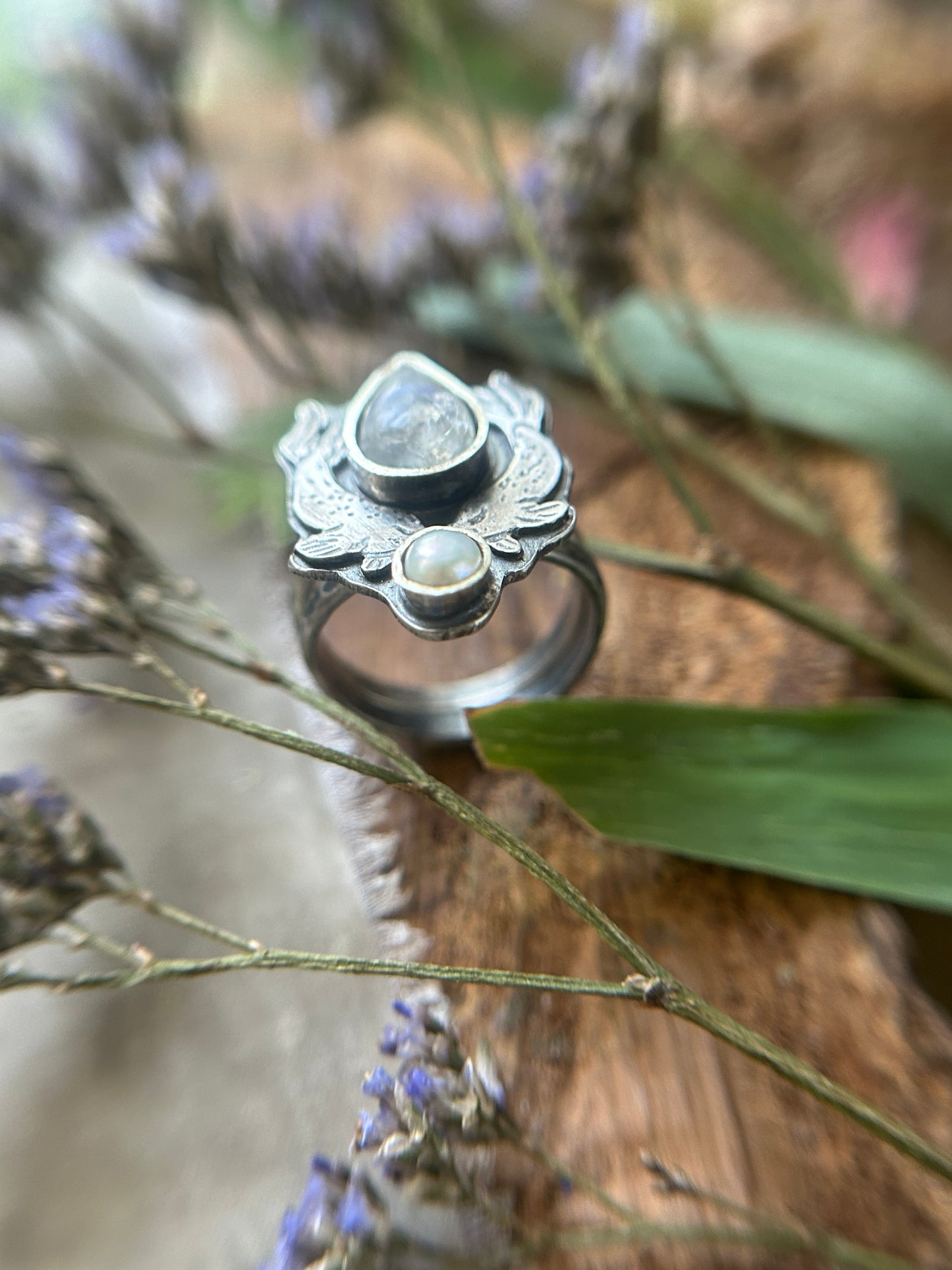 Selkie Tears Ring with Rainbow Moonstone and Pearl- sterling silver jewelry