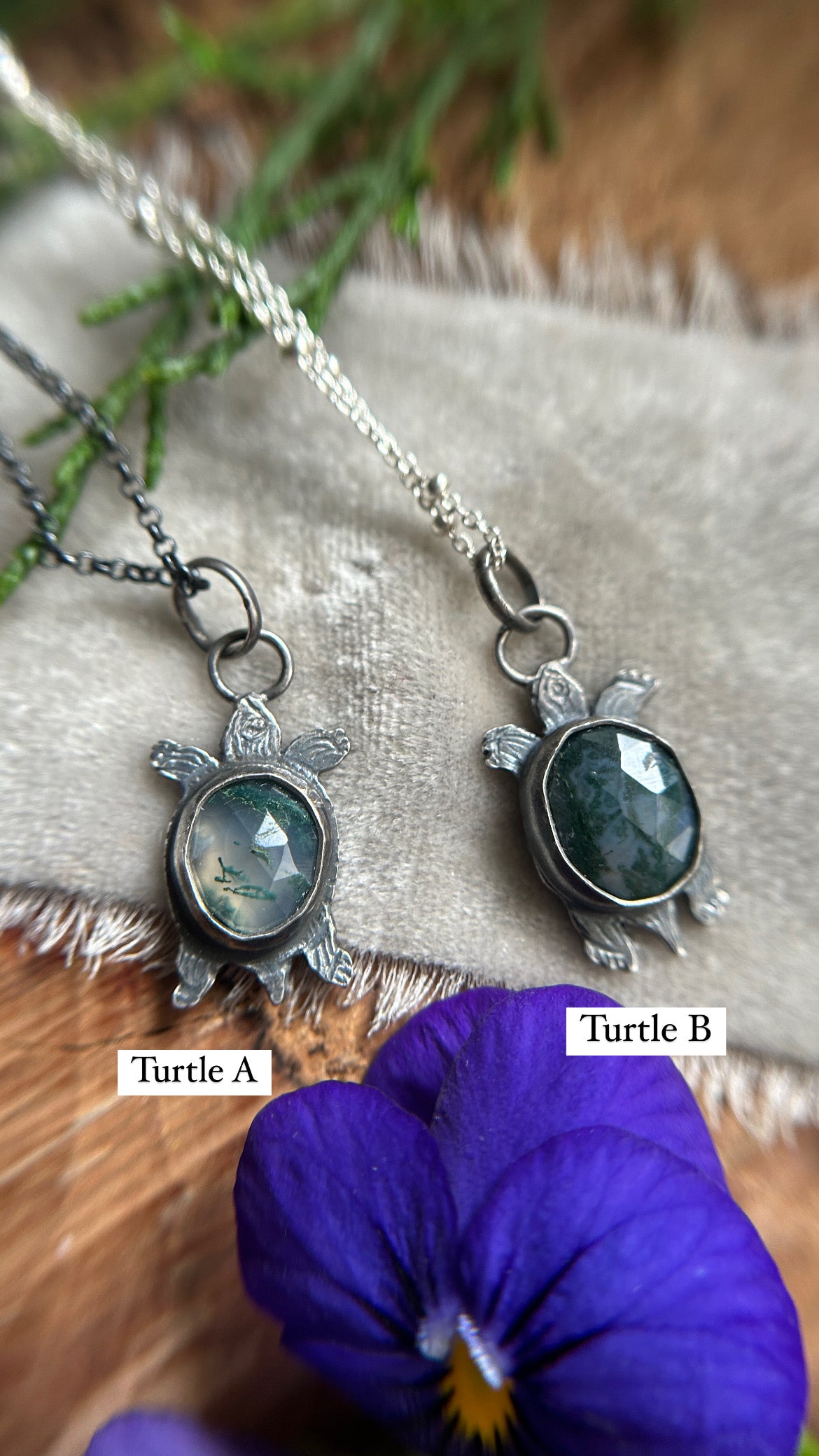 Moss Agate Swamp Turtle Necklace- sterling silver