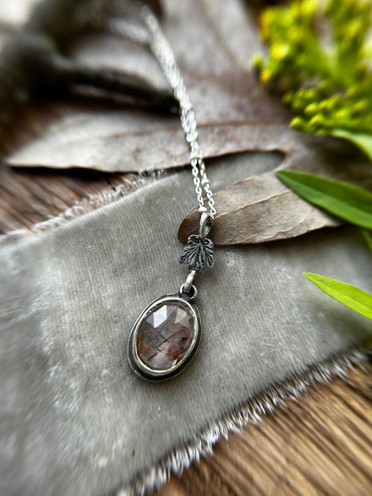 Red Rutilated Quartz Necklace with Maple Leaf & hidden tree detail- sterling silver jewelry