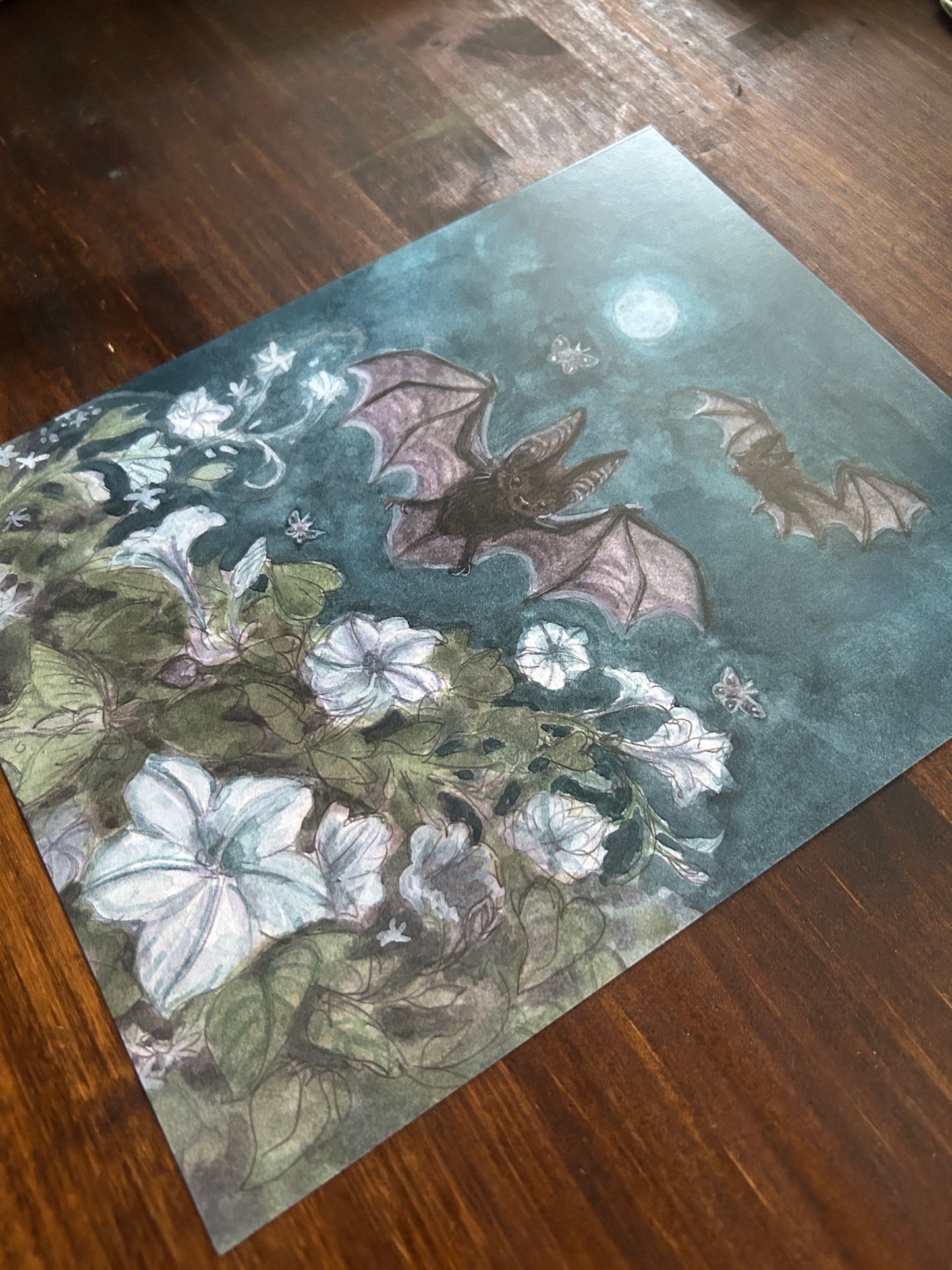 Art print-moonlit garden among bats & moths with moonflowers and star jasmine- 8x10 inches watercolor print