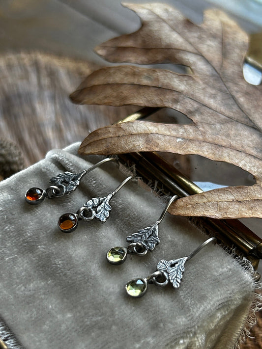 Oak leaf and Acorn Earrings- Sterling silver jewelry with gemstone charm