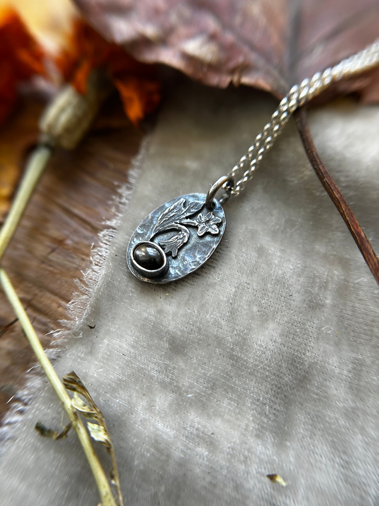 Deadly belladonna flower with black star sapphire necklace- Sterling silver jewelry ready to ship