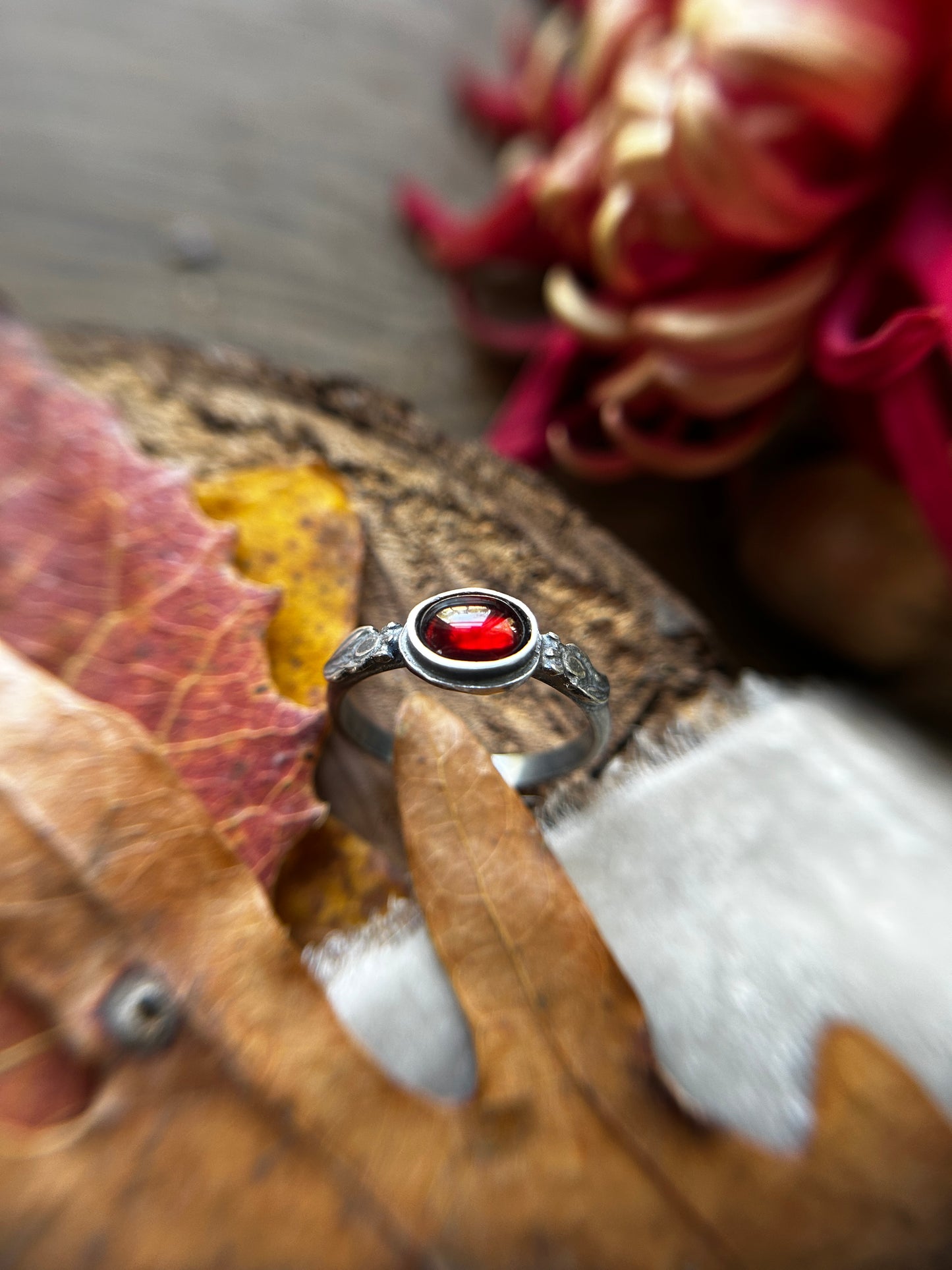 Pomegranate Garnet Ring with hidden moon- sterling silver jewelry
