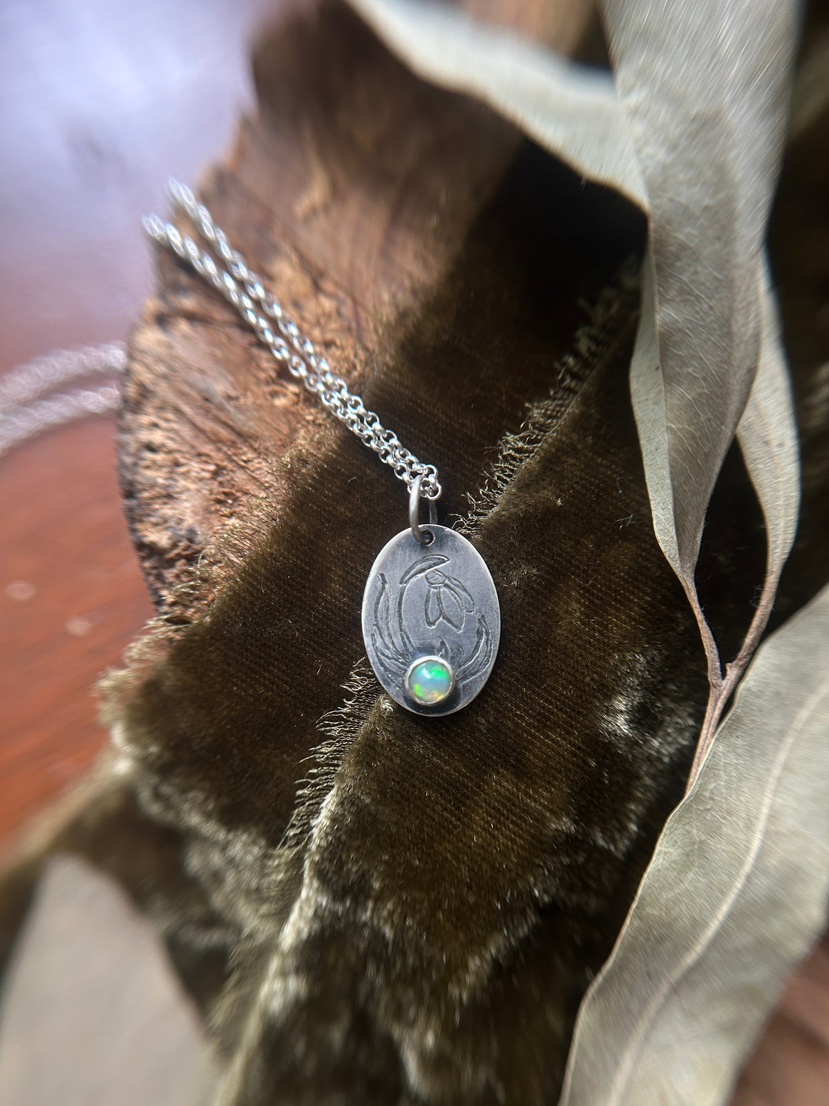 Snowdrop with Opal Necklace- sterling silver jewelry