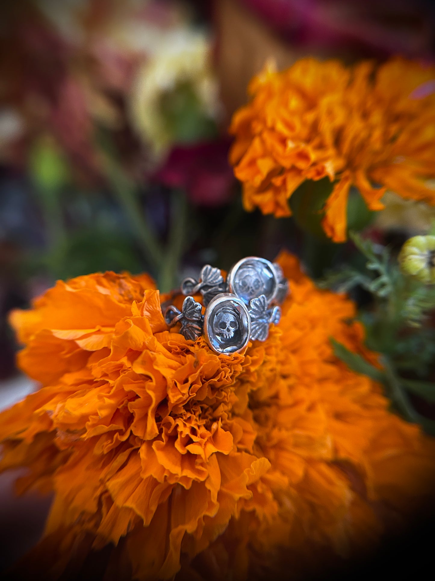Skull & ivy ring -memento mori sterling silver with quartz jewelry