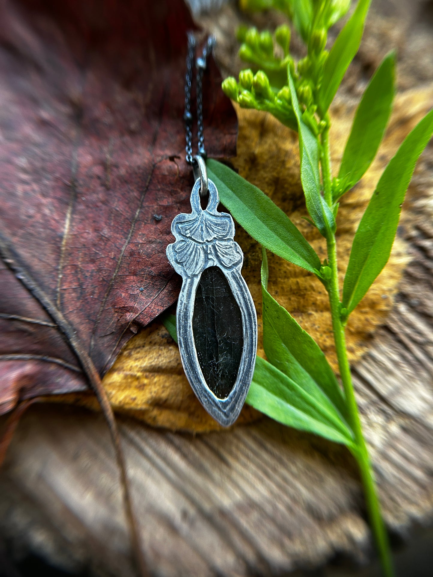 Golden Labradorite Ginkgo Leaf Necklace- sterling silver and brass jewelry