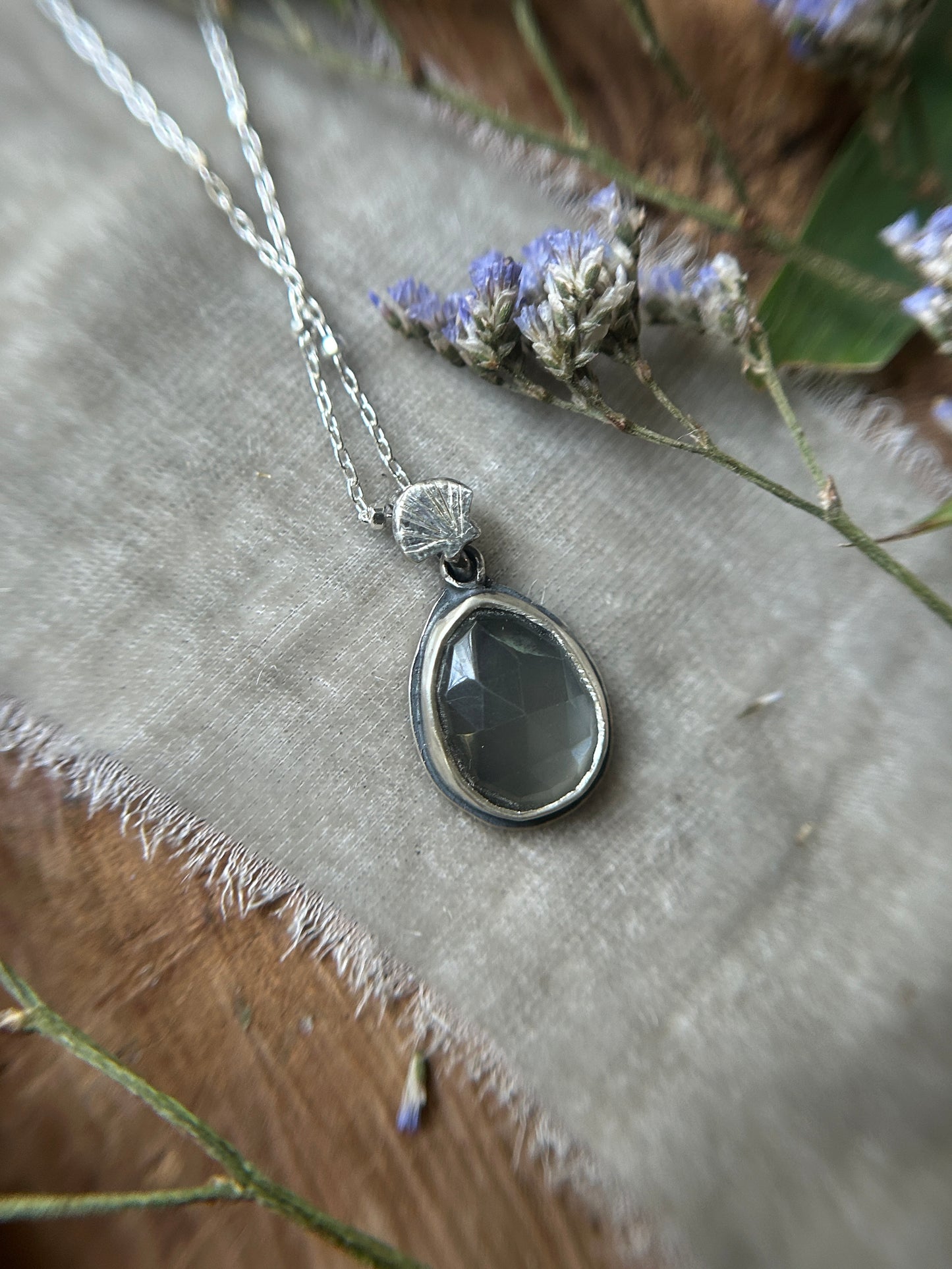 "Mini" weeping willow & urn grey moonstone necklace- sterling silver jewelry