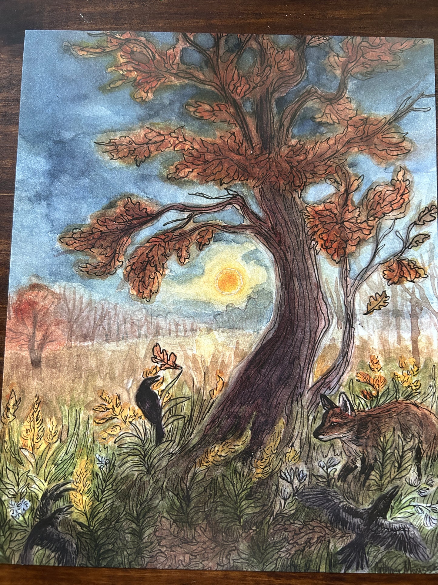Art print Fox and Crows under the Harvest moon 8x10 size