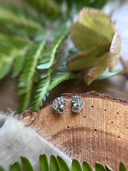 Hellebore flower post earrings with black star sapphire- Sterling silver jewelry