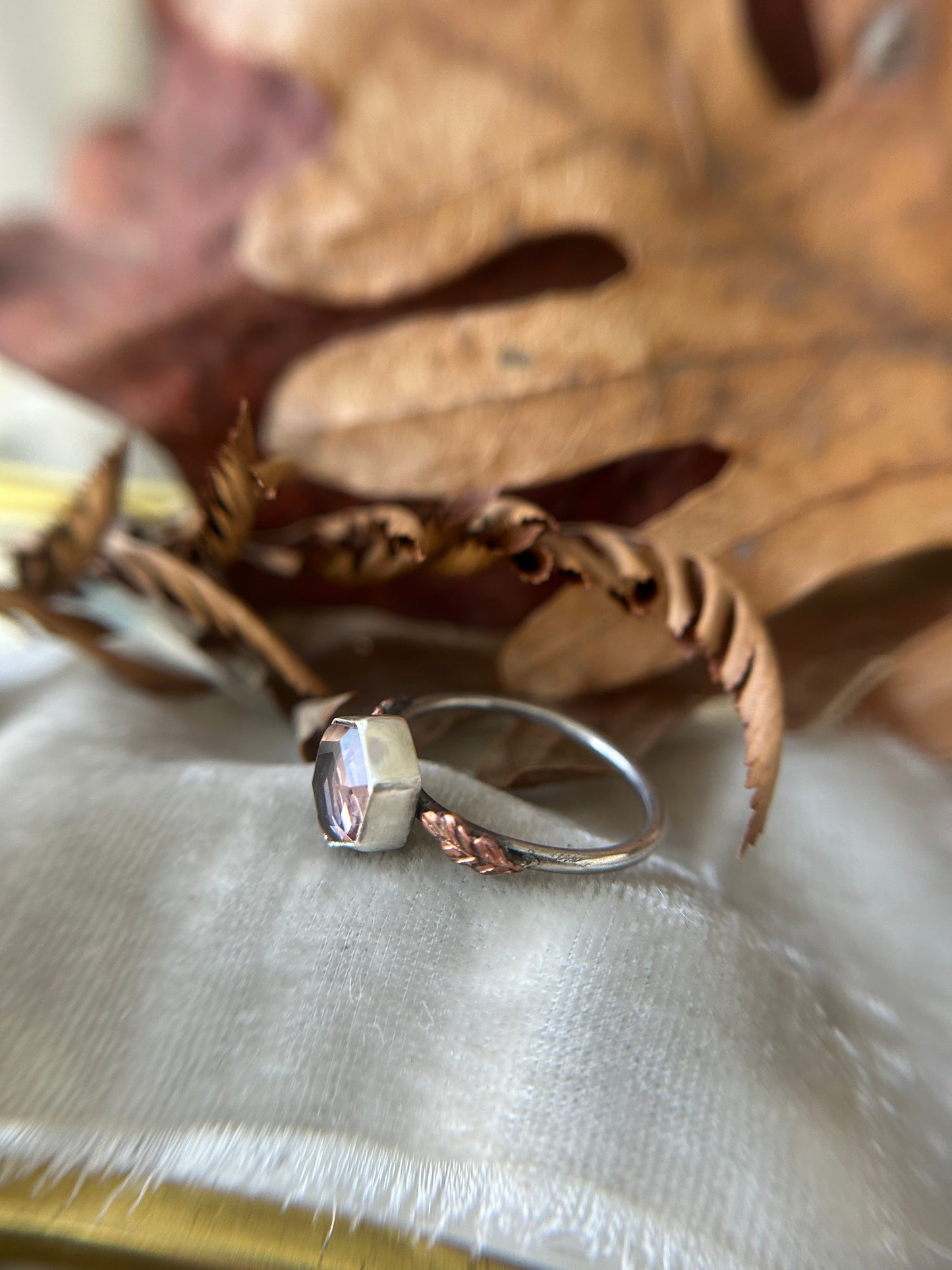 Preorder-autumn peach quartz oak leaf ring with your choice of under gem design- Sterling silver jewelry