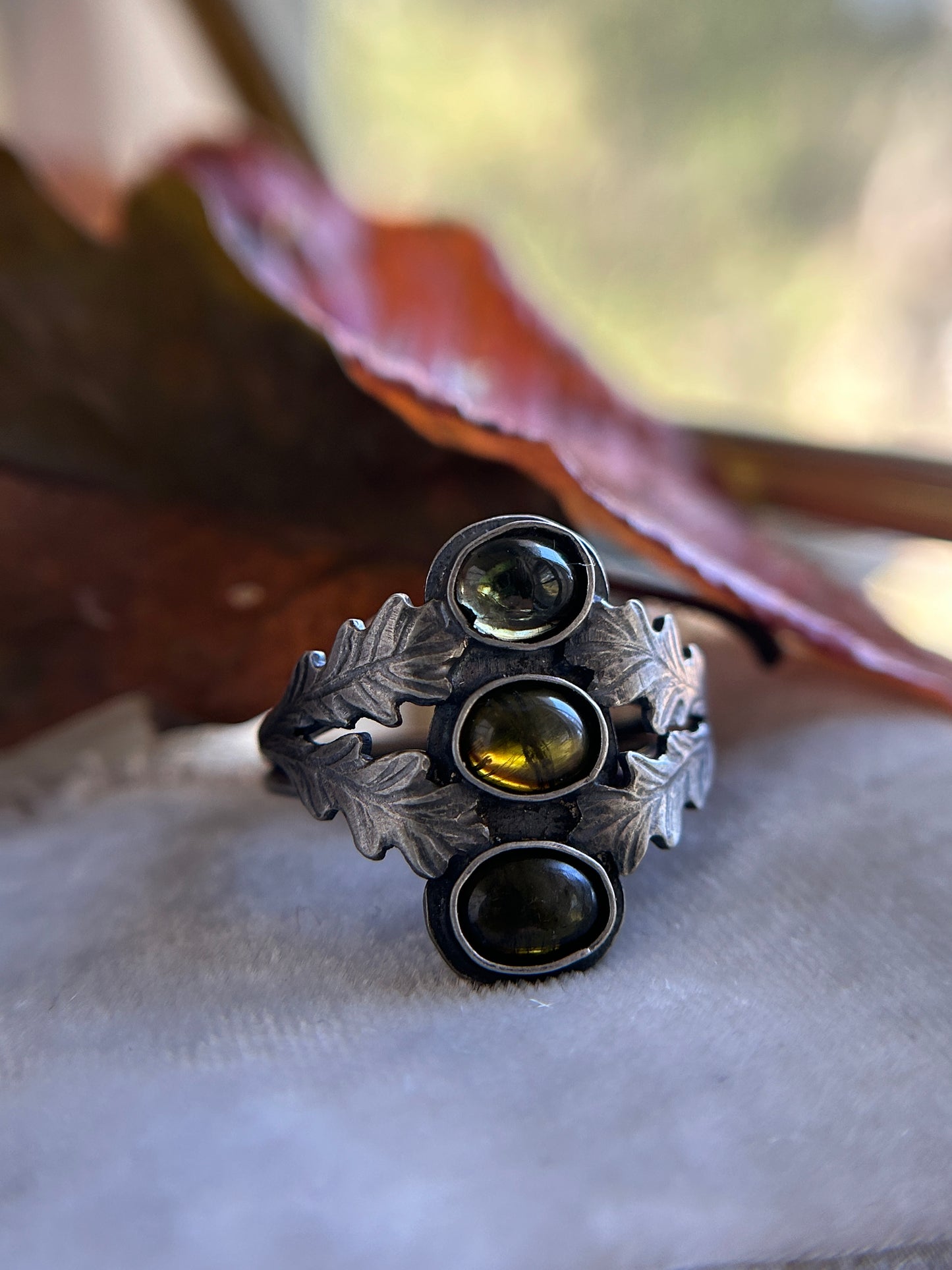 Tourmaline Autumn Forest Rings- any size- choice of green, orange, or yellow. Silver, copper, brass oak leaves