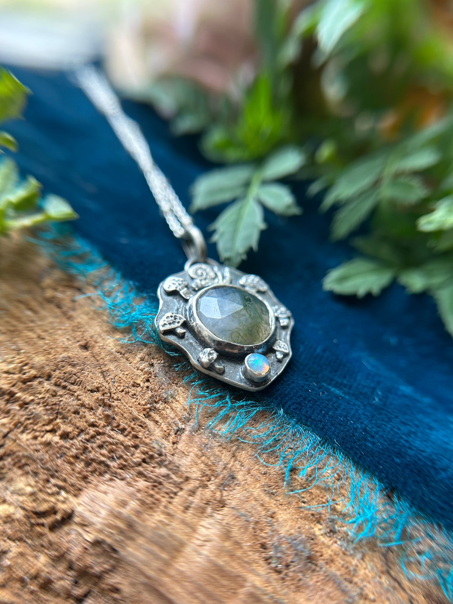 Fairy Ring Necklace with moss agate, opal, snail, and mushrooms- sterling silver jewelry