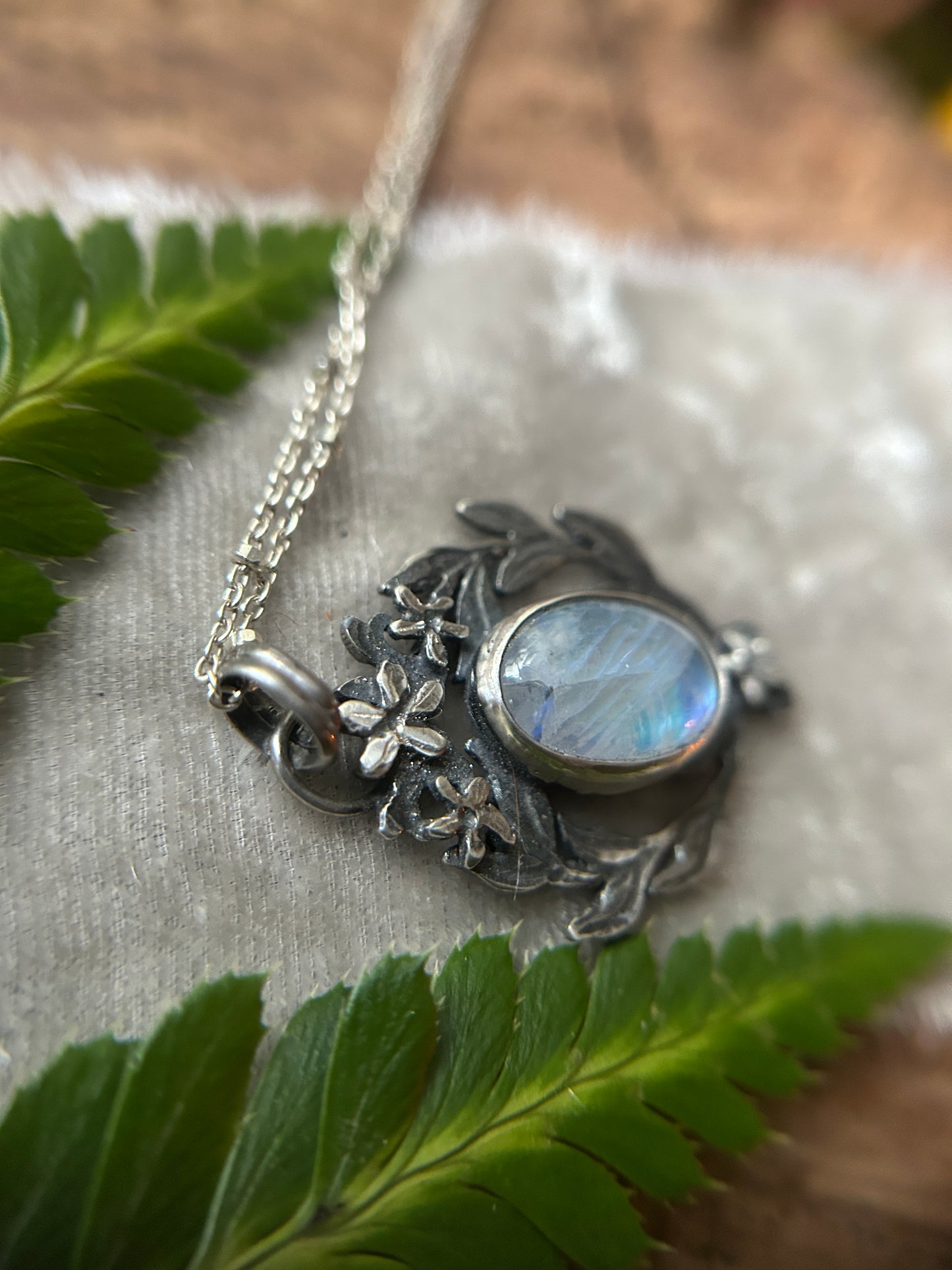 Rainbow moonstone with star jasmine and Luna moth necklace- sterling silver jewelry
