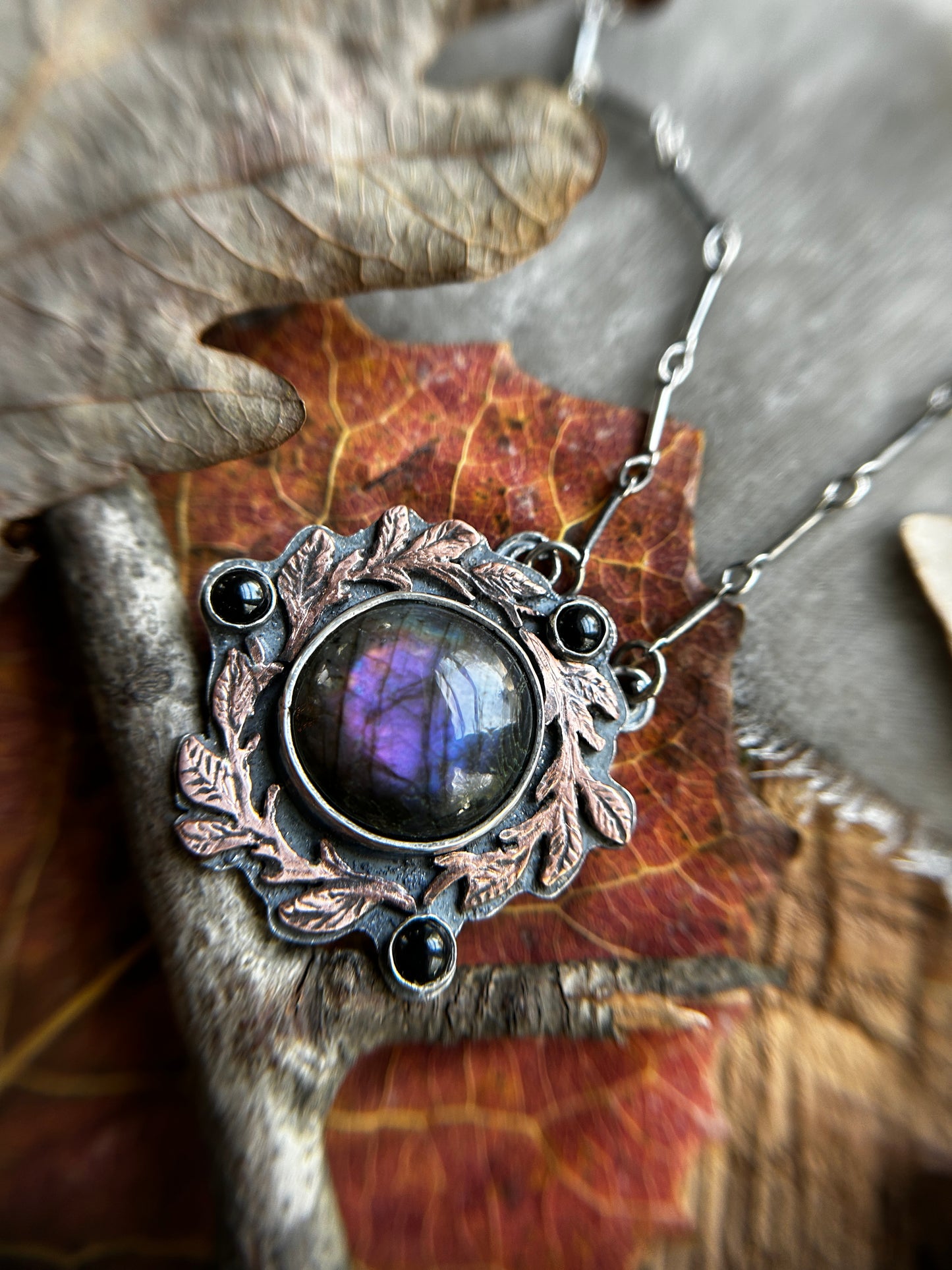 Autumnal Blackberry Vines with Purple Labradorite and Black Onyx- Sterling silver and copper jewelry