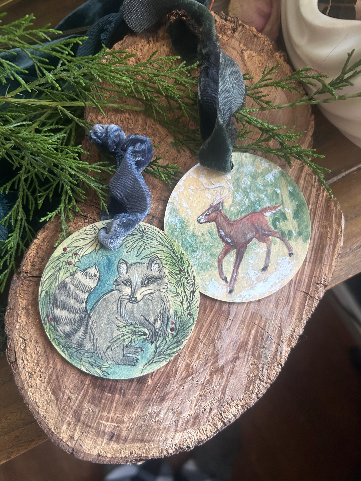 Handpainted Ornaments- watercolor on wood Woodland Creature Ornaments