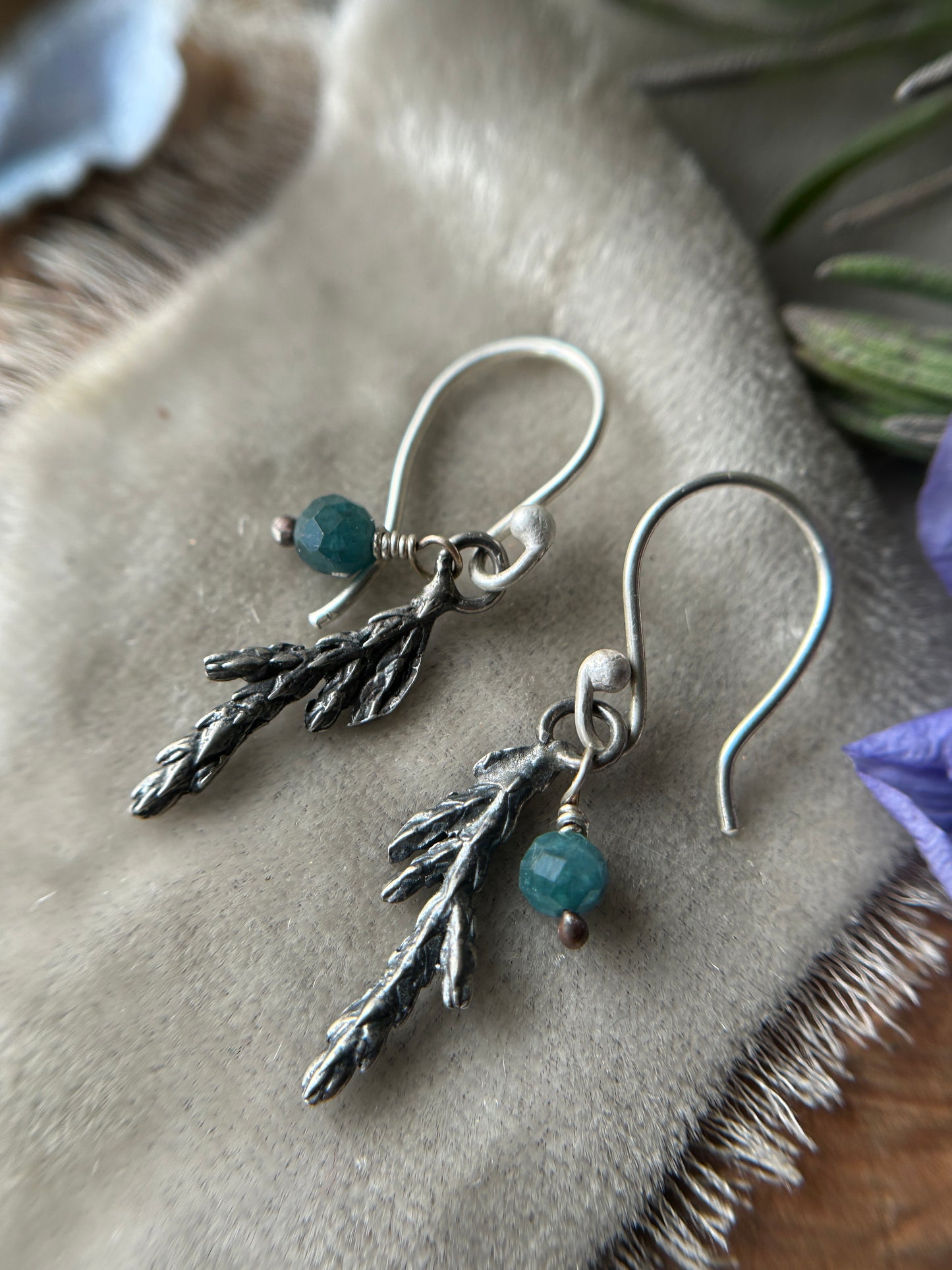 Juniper Sprig Earrings with Gem Charm- sterling silver jewelry