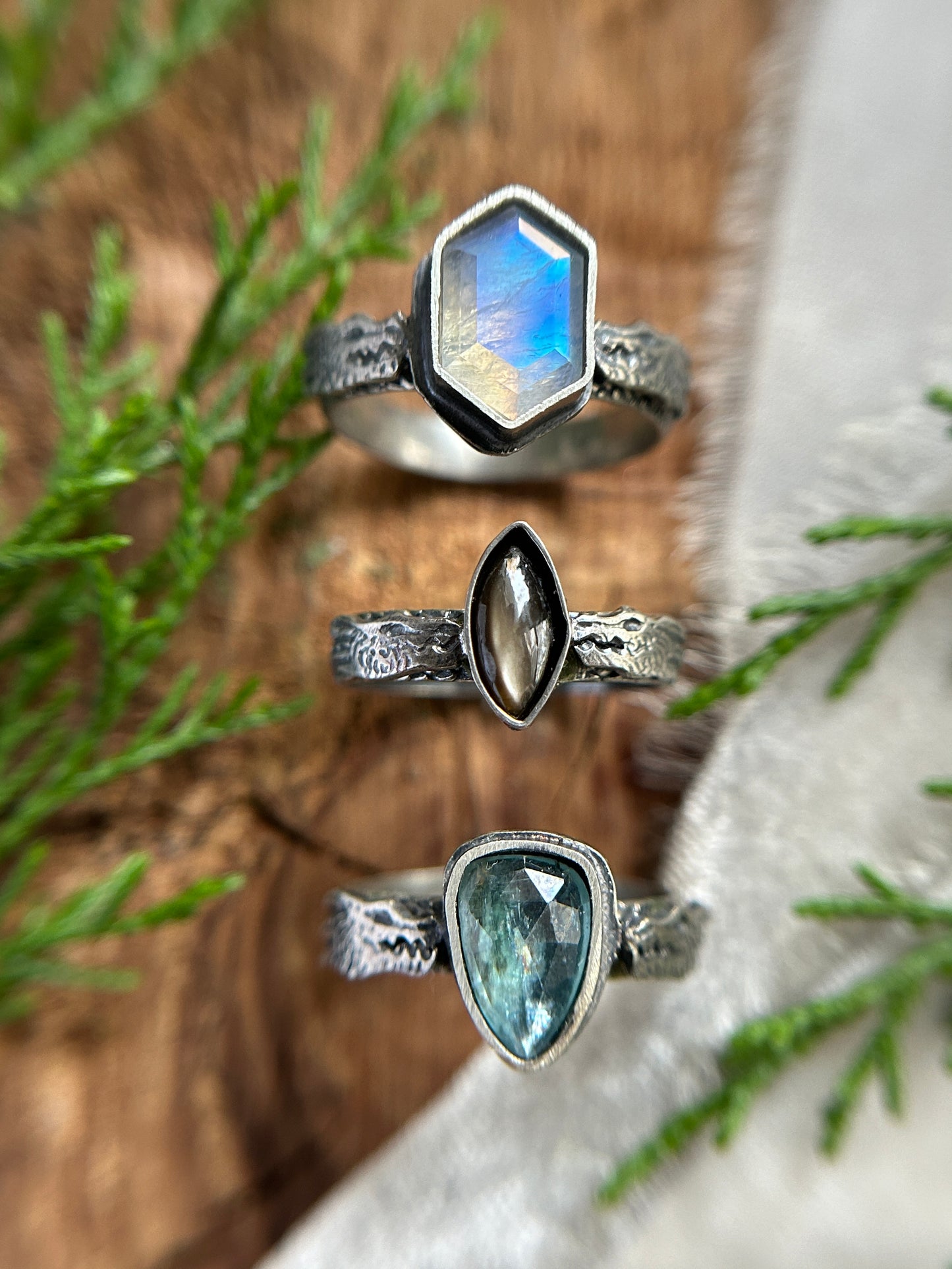 dragon ring in moonstone, star sapphire, or kyanite- finished to ring size-sterling silver dragon scale ring