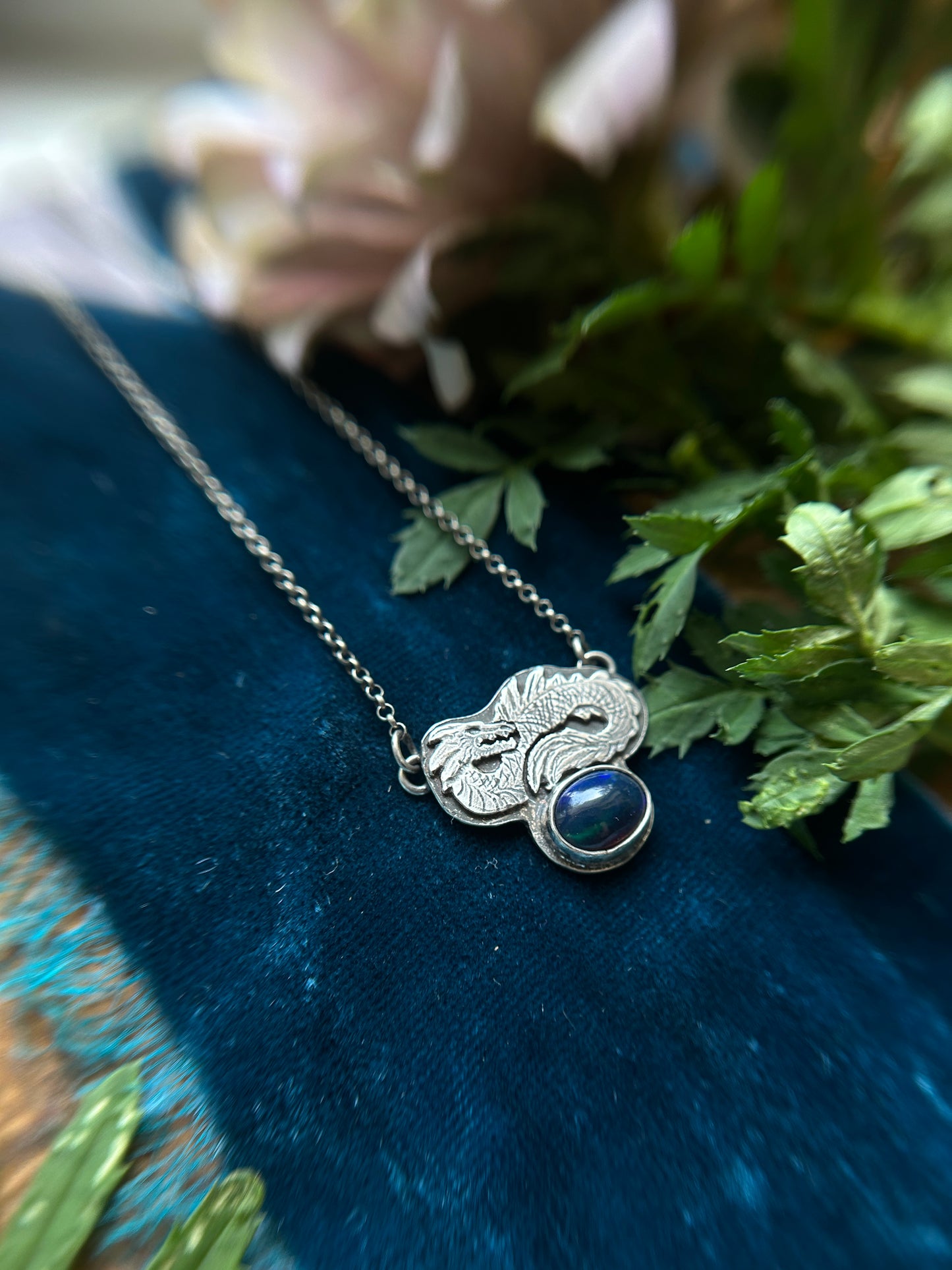 Sea Serpent and Black Opal Necklace- sterling silver jewelry