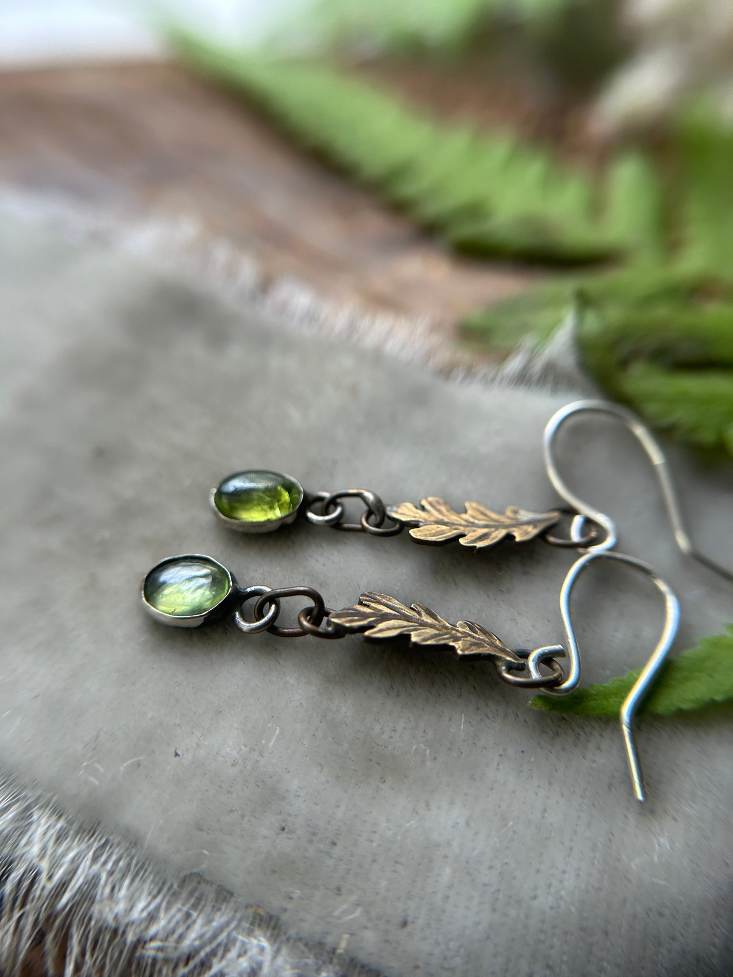 Oak leaves and Peridot earrings- sterling silver and brass jewelry