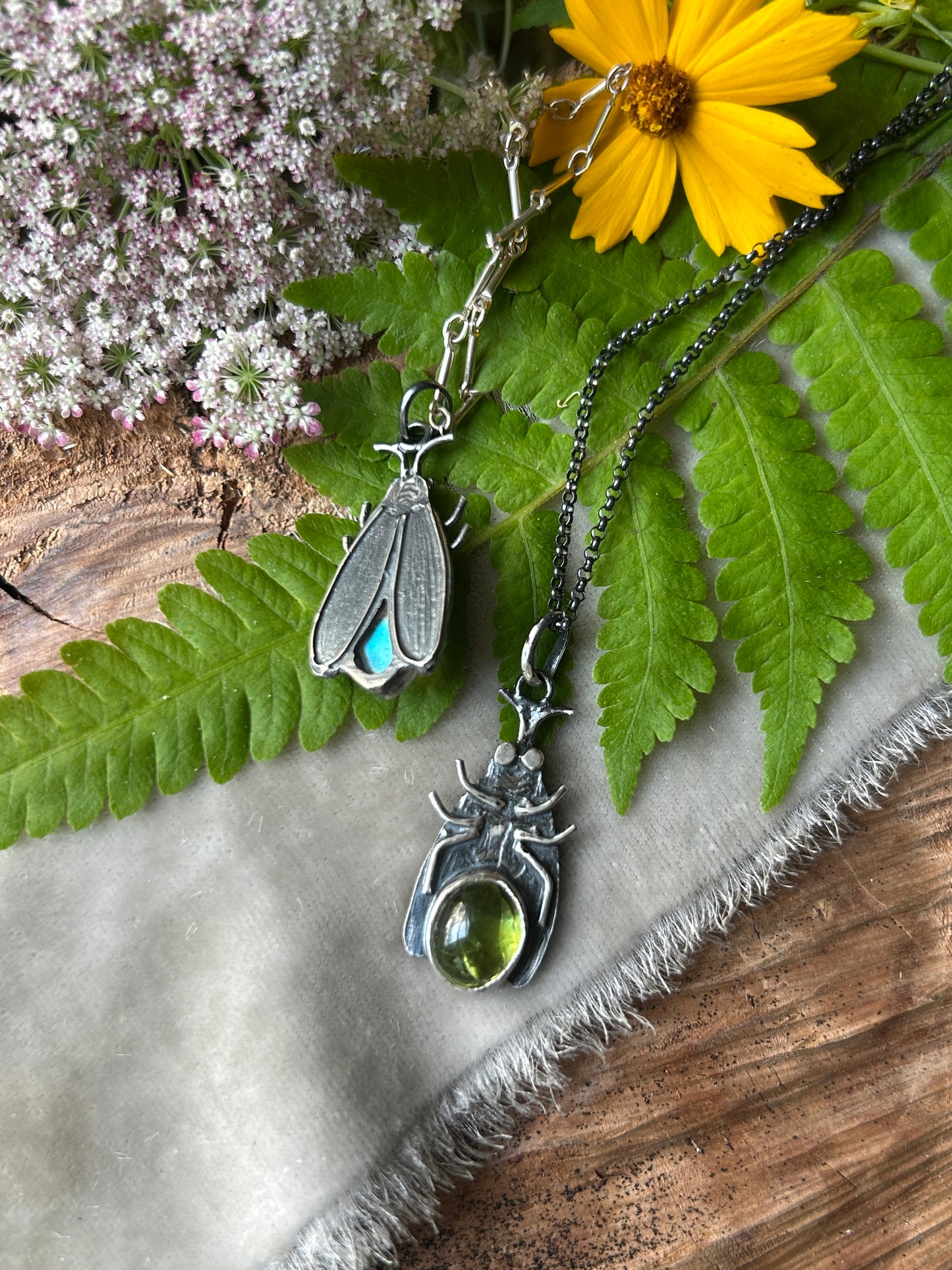 Firefly necklaces- moonstone or peridot-sterling silver handmade jewelry