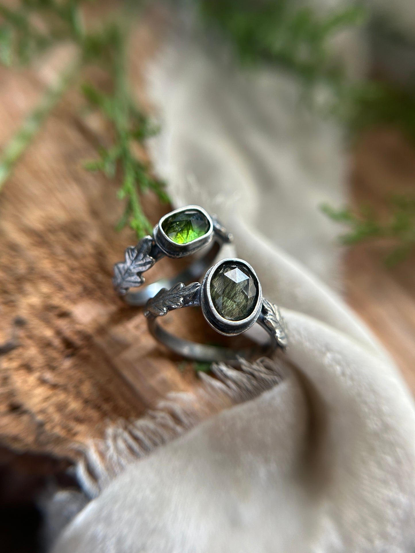 Oak ring in choice of peridot  w ludwigite or green tourmaline