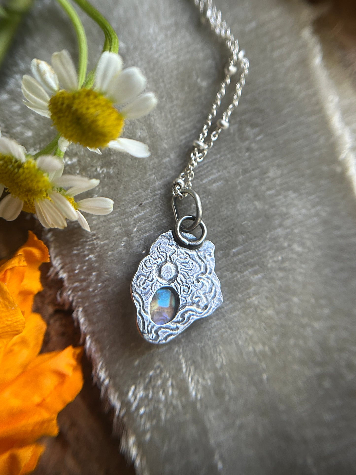 Rainbow moonstone elderflower necklace- brass and sterling silver jewelry