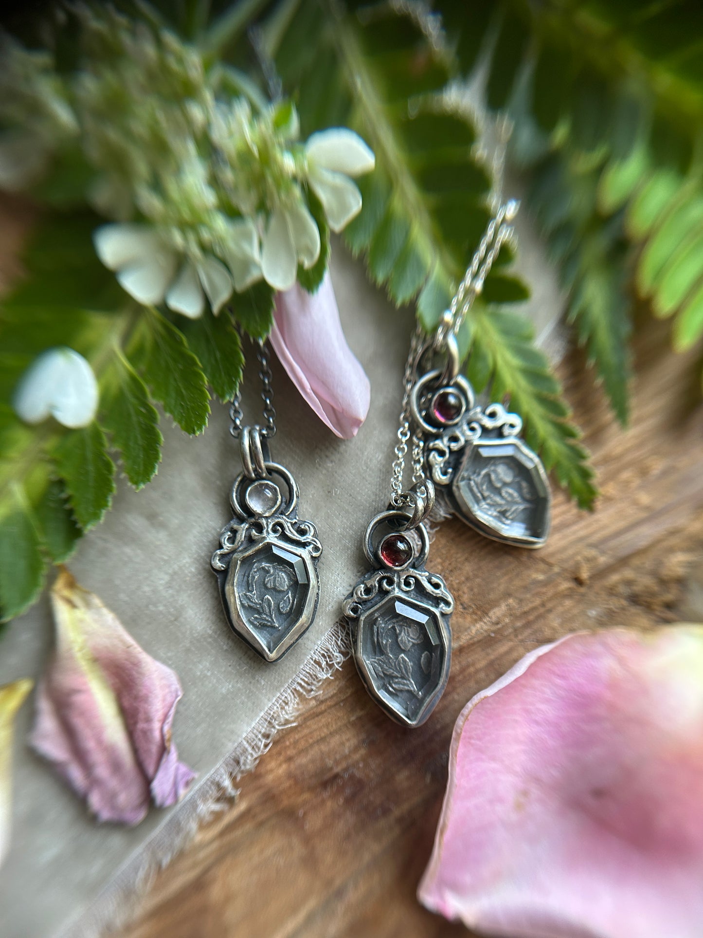 Enchanted rose necklace with portrait cut quartz & choice of garnet or rose quartz- Sterling silver jewelry