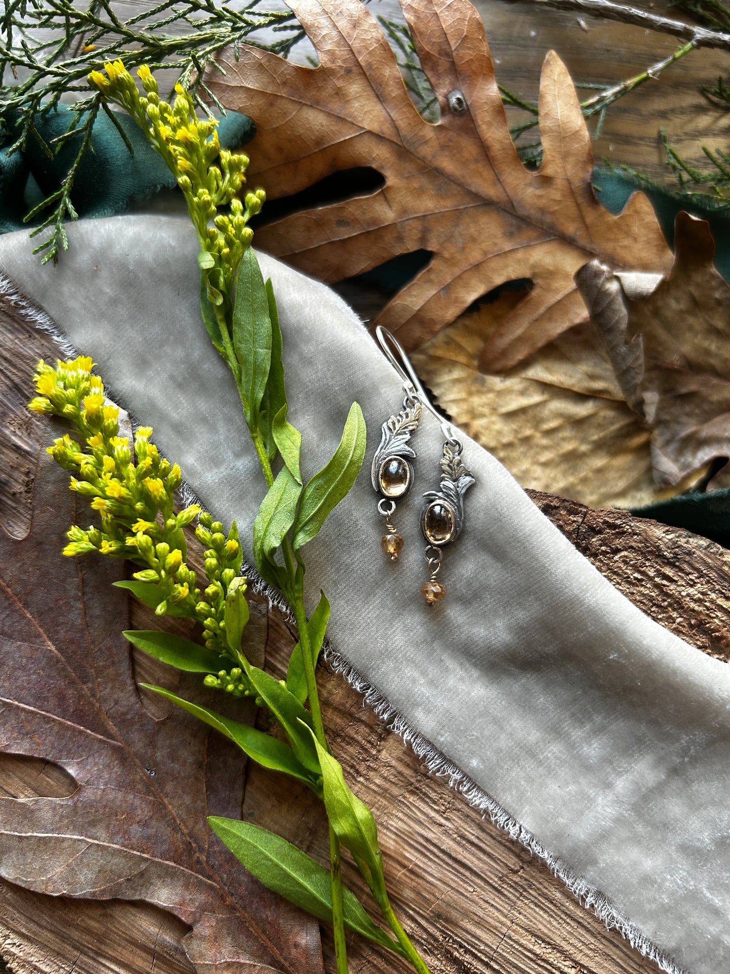 Goldenrod Earrings with Imperial Topaz and Hessonite Garnet- Brass and sterling silver jewelry
