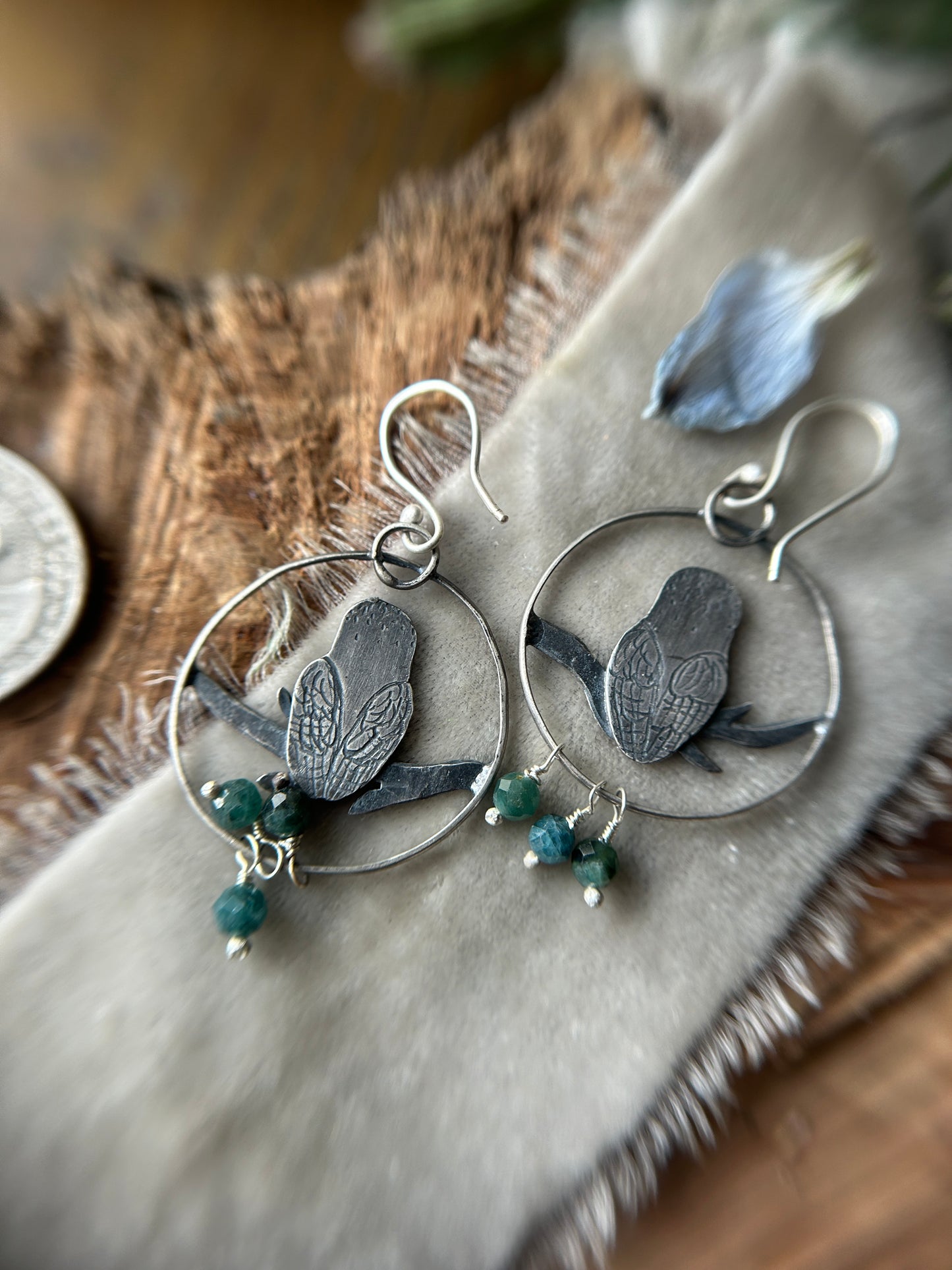 Barn owl earrings in tourmaline with sterling silver