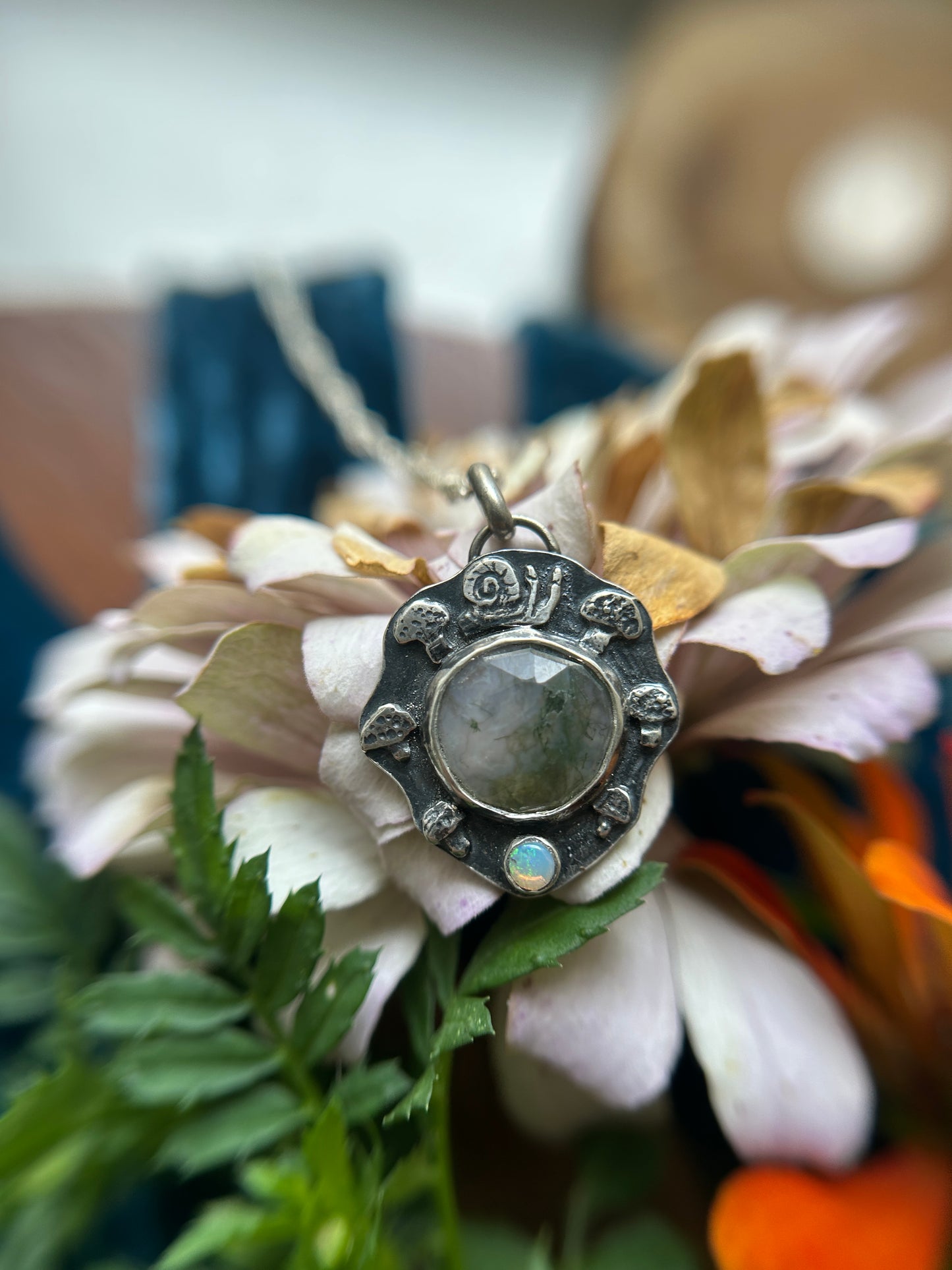 Fairy Ring Necklace with moss agate, opal, snail, and mushrooms- sterling silver jewelry