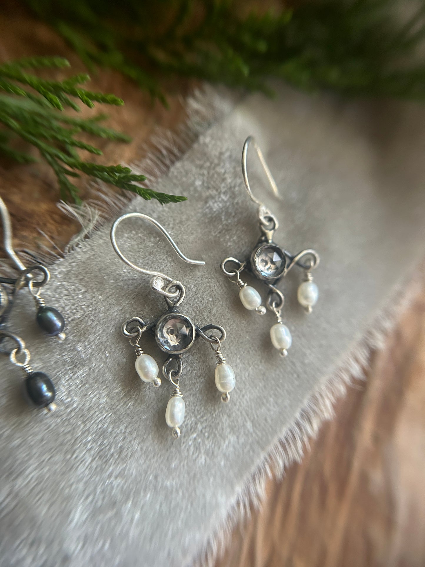 Skull Chandelier Earrings with black or white pearls- sterling silver memento mori jewelry