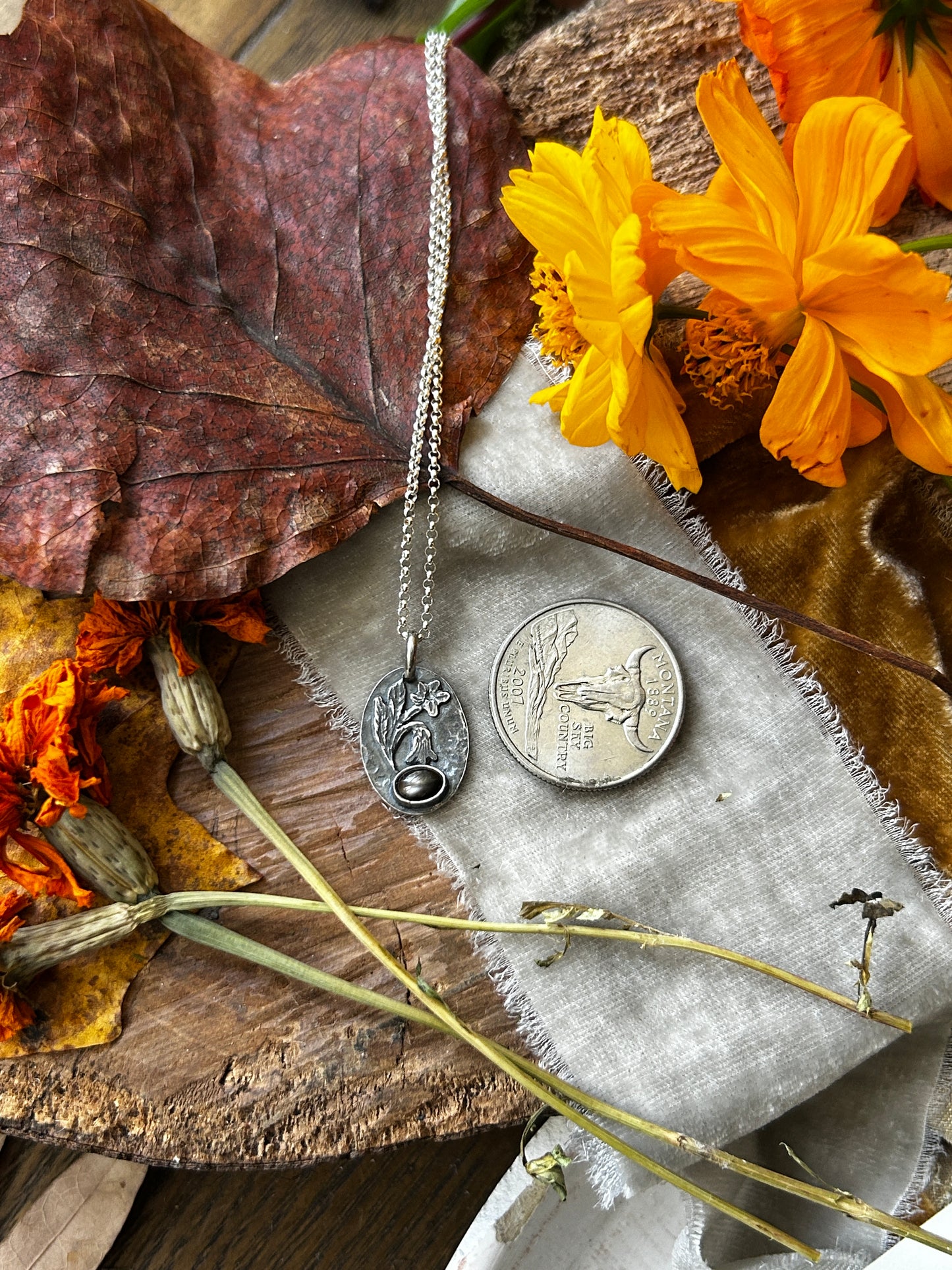 Deadly belladonna flower with black star sapphire necklace- Sterling silver jewelry ready to ship