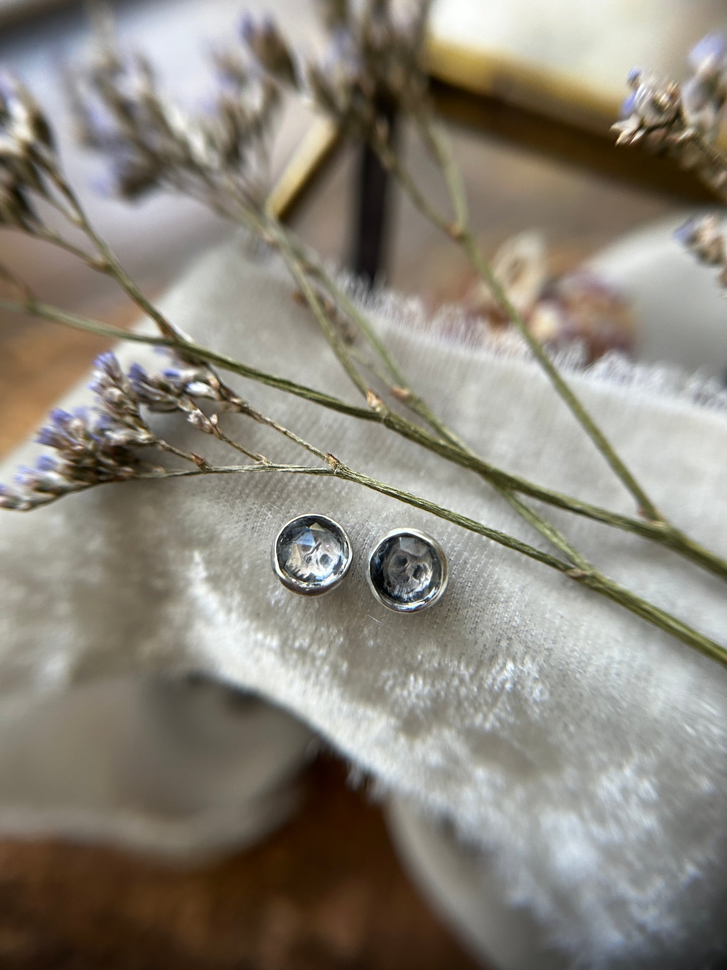 Tiny Quartz Skull Stud Earrings Sterling silver jewelry- made to order