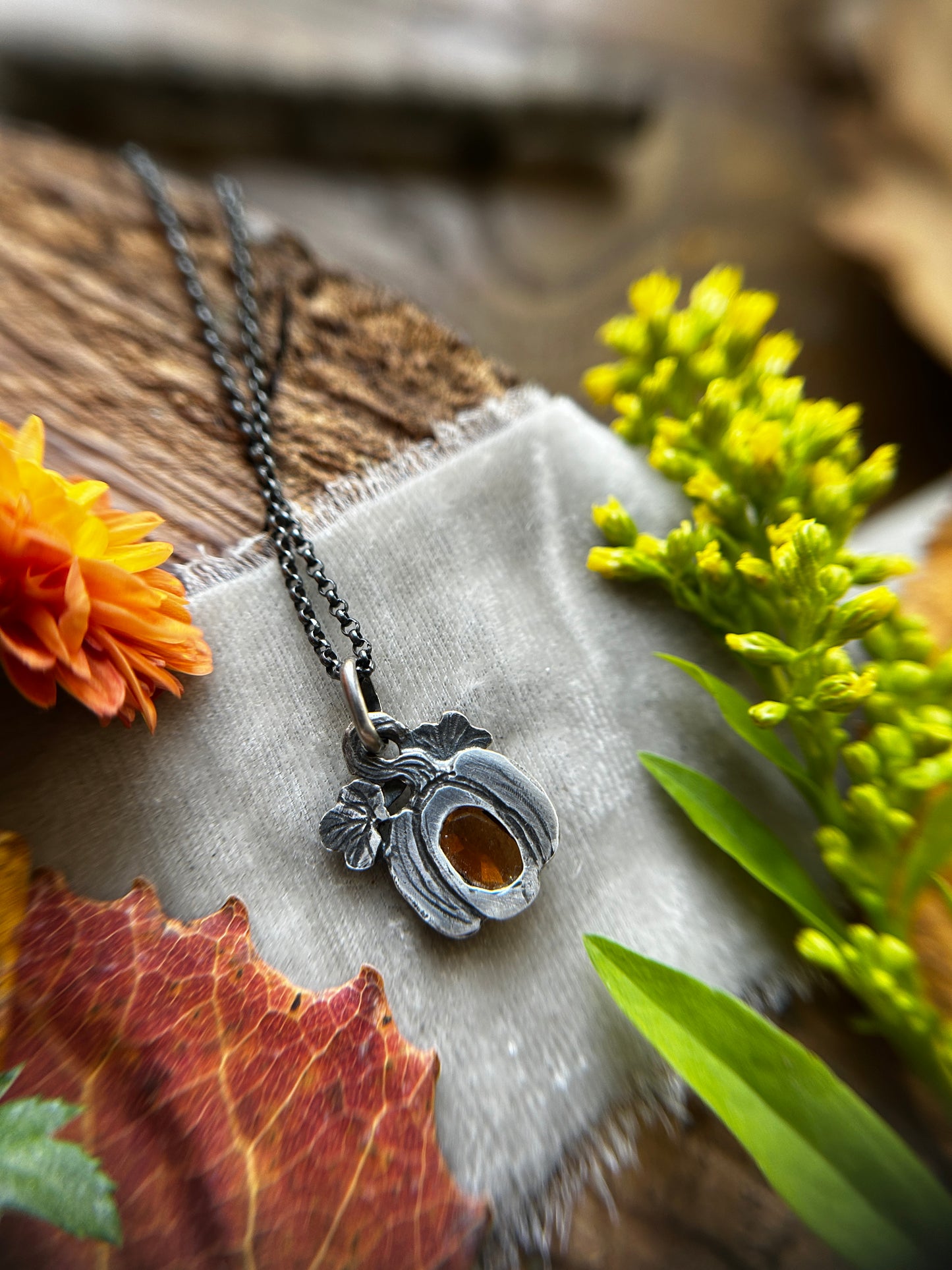 Hessonite Garnet Pumpkin necklace- sterling silver jewelry