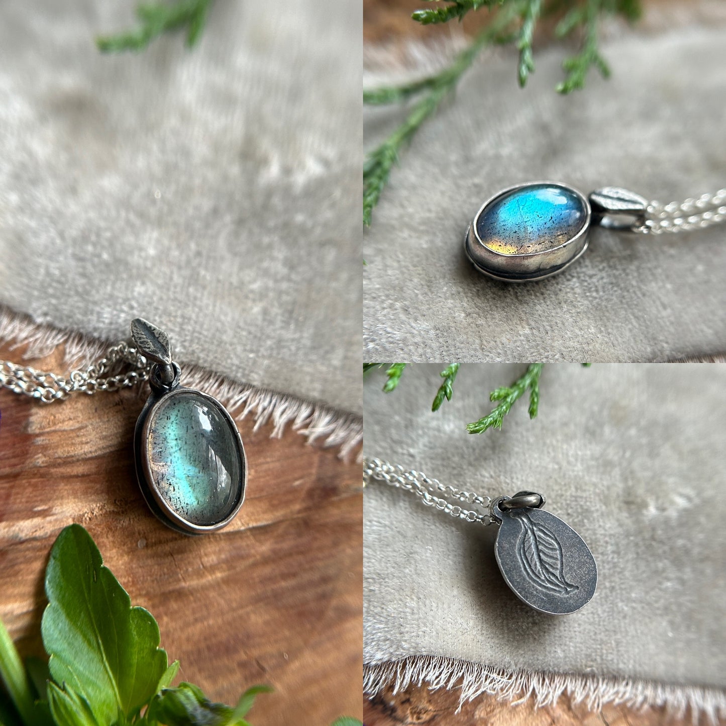 Simple Leaf Gemstone Necklace- choice of black moonstone, grey moonstone, or labradorite