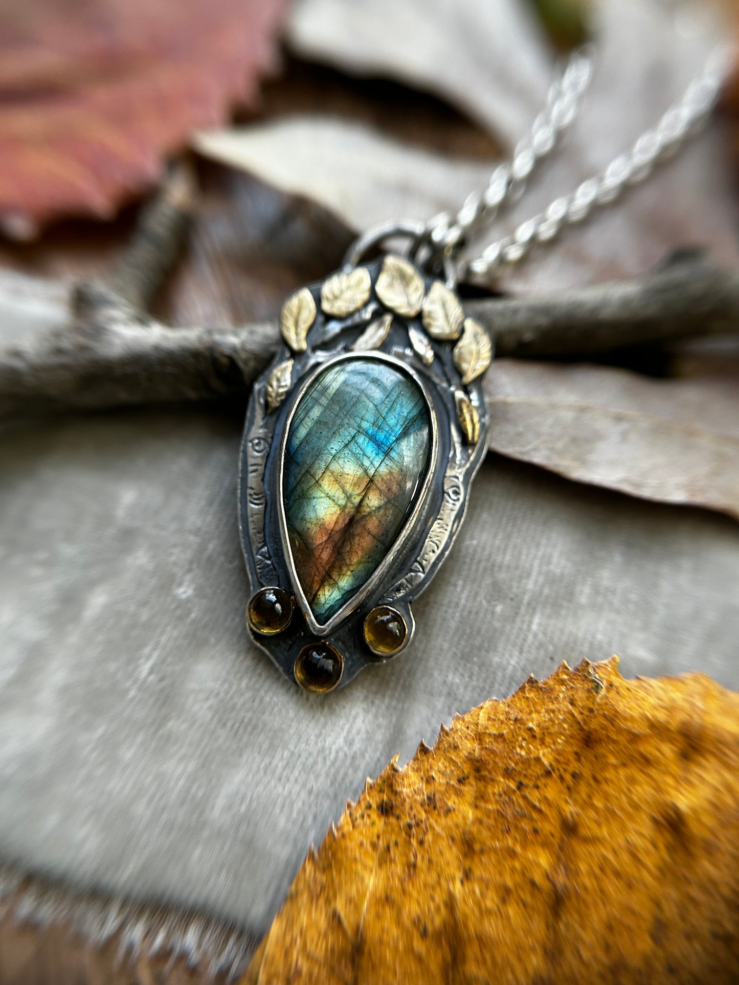 Aspen Crown Labradorite Necklace with Citrine and hidden crow forest tree back- sterling silver jewelry