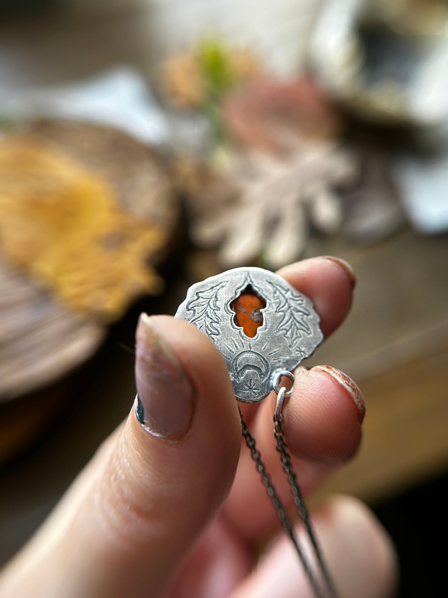Oak Moon with Hessonite Garnet Necklace- Sterling silver and brass jewelry